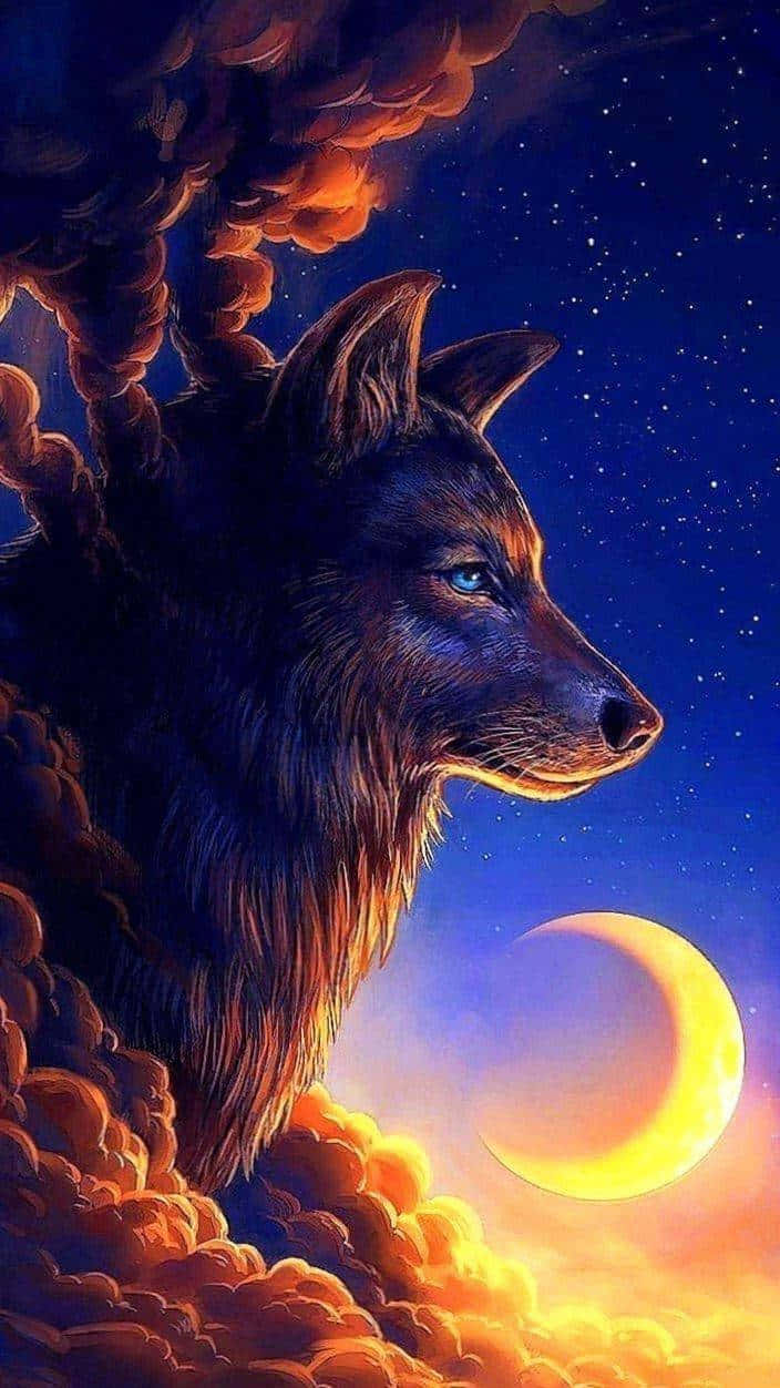 Wolf In Sunset, glowing blue eyes, fiery orange clouds, SD Phone Wallpaper