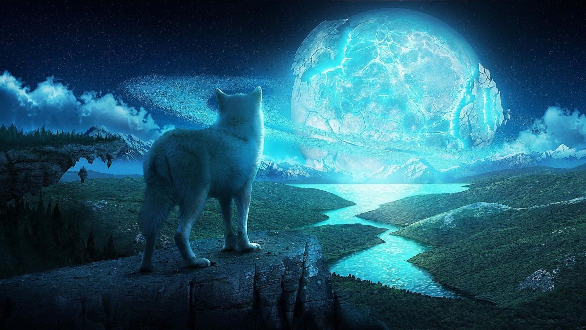 Water and Fire Wolf, white wolf, glowing blue river, Full HD Desktop Wallpaper