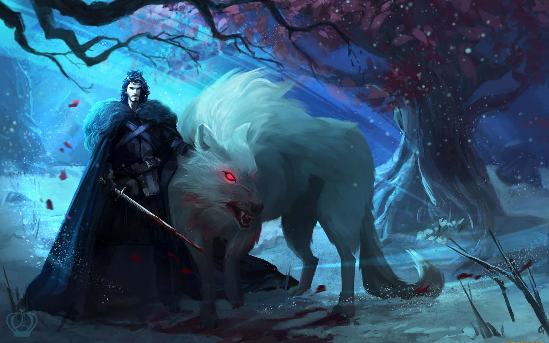 water and fire wolf, massive white wolf, glowing red eyes, Full HD Desktop Wallpaper