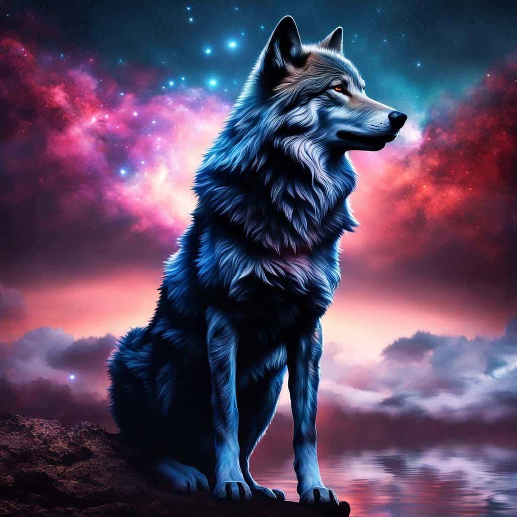 Cosmic Wolf, blue-furred wolf, rocky shore, SD Desktop Wallpaper