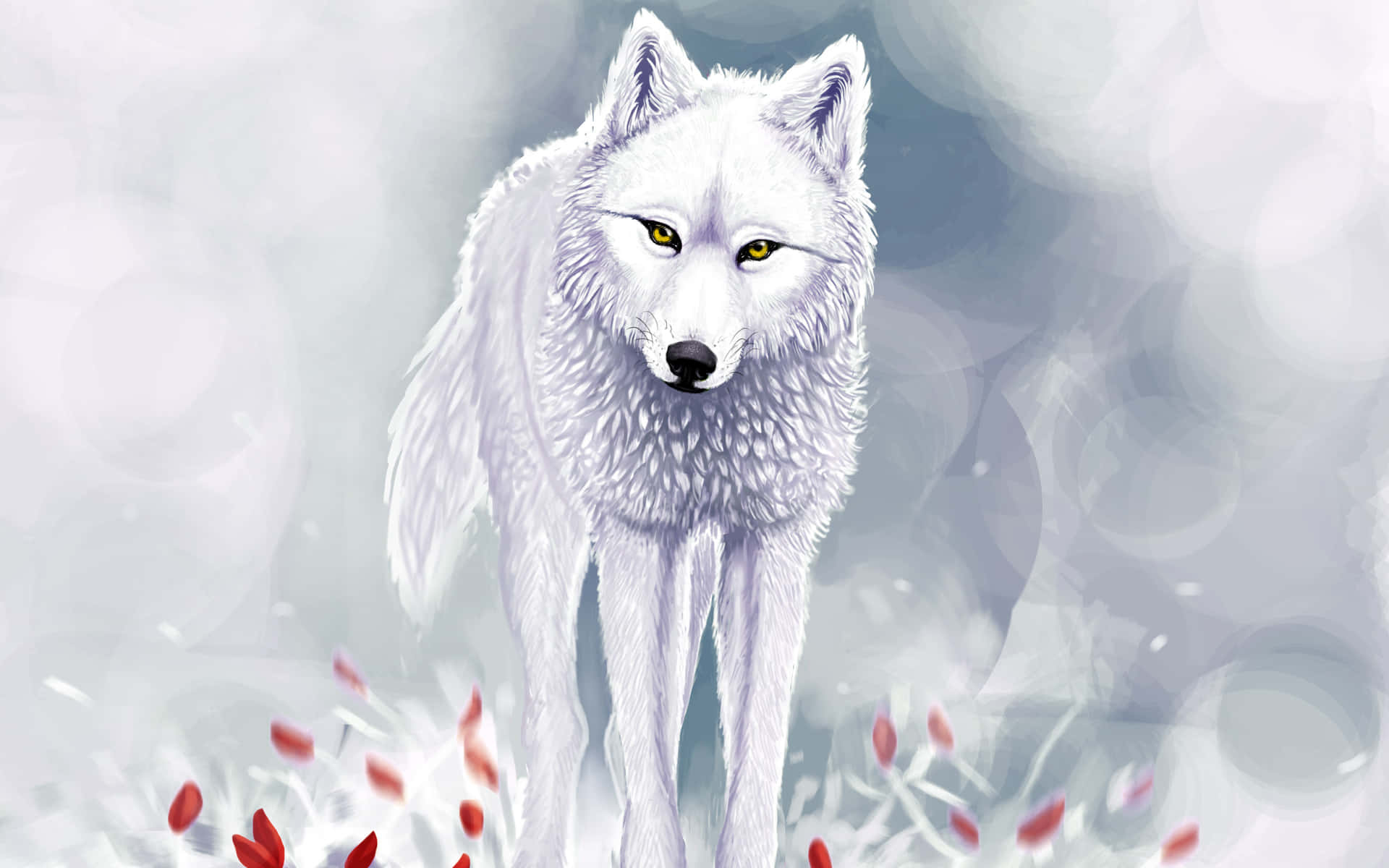 wolf in winter, white wolf, piercing yellow eyes, Full HD Desktop Wallpaper