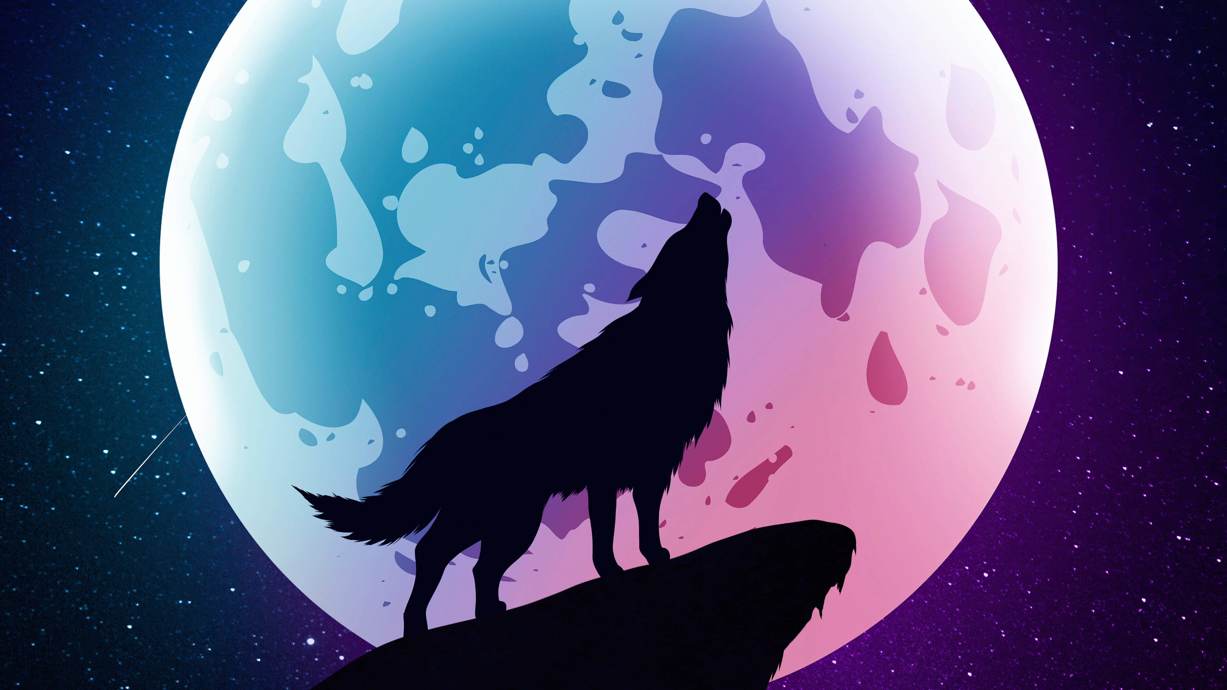 wolf minimalist, cliff, colorful moon, 5K Desktop Wallpaper