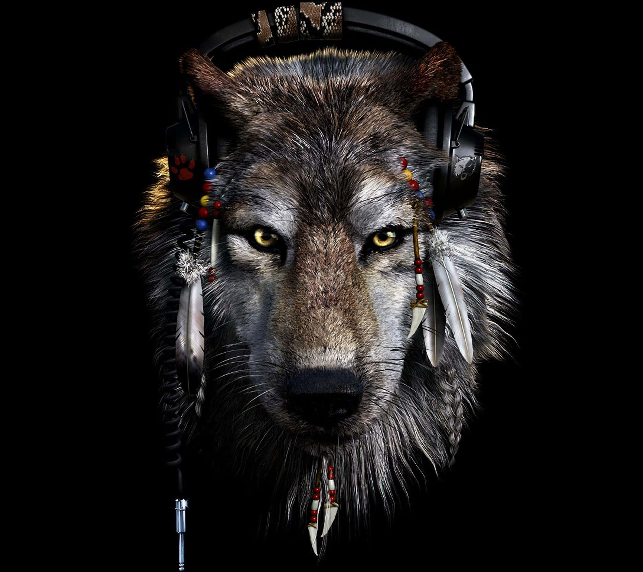 wolf minimalist, glowing yellow eyes, ornate headphones, Full HD Desktop Wallpaper