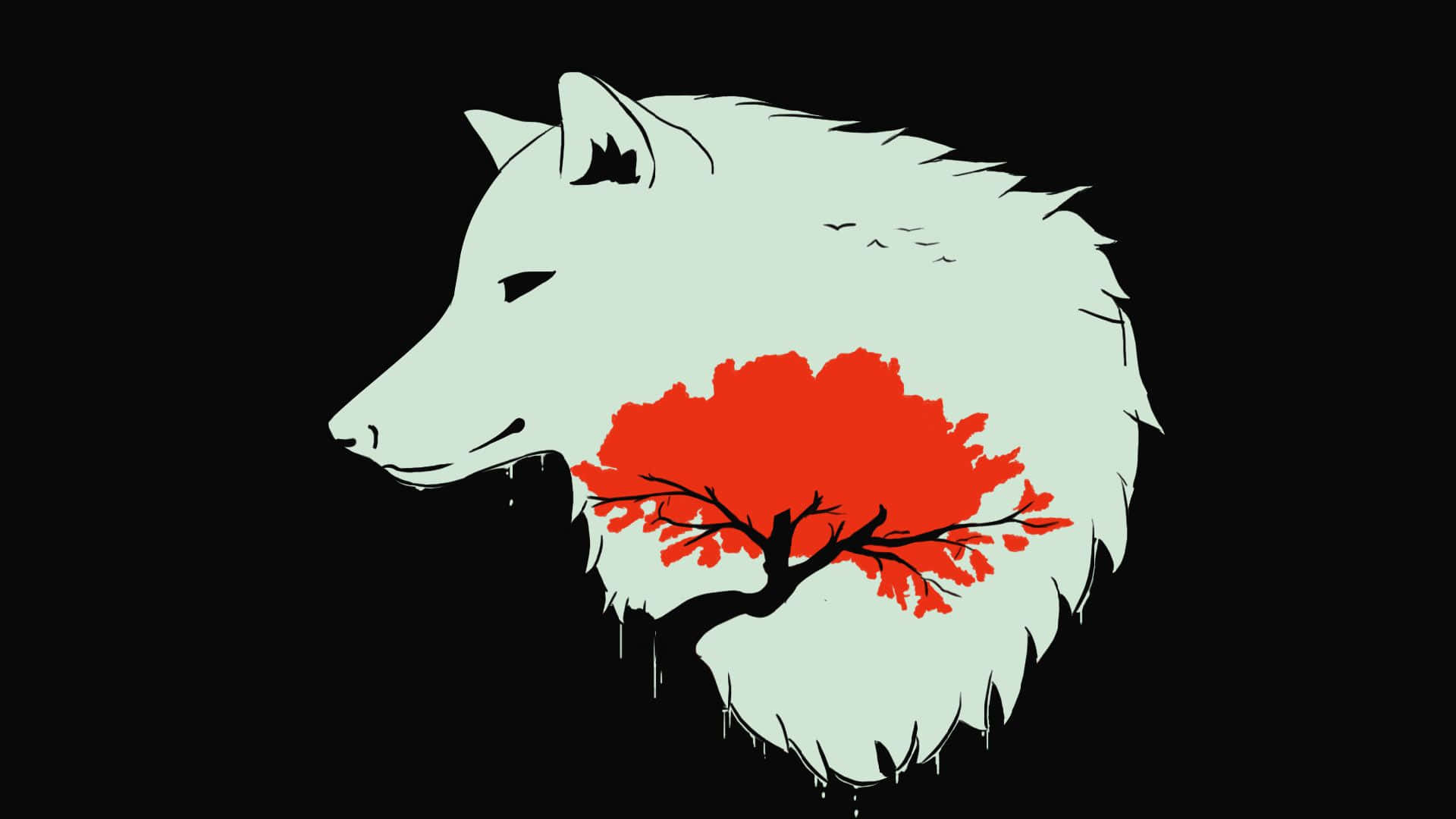 Minimalist Wolf, white wolf silhouette, vibrant red tree, Full HD Desktop Wallpaper