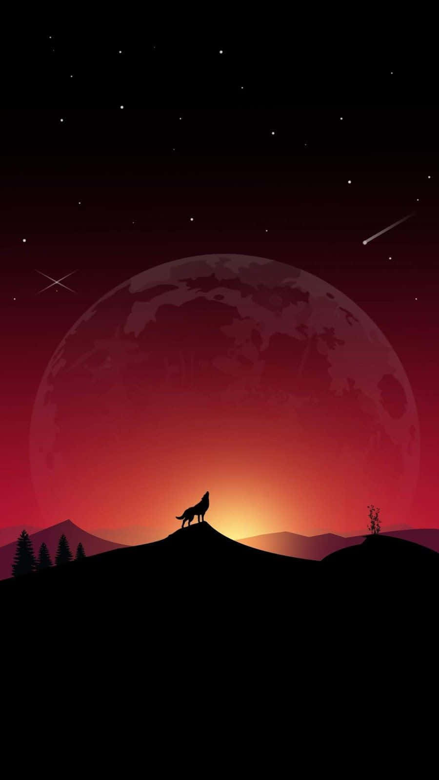 wolf minimalist, red moon, starry night sky, HD Phone Wallpaper