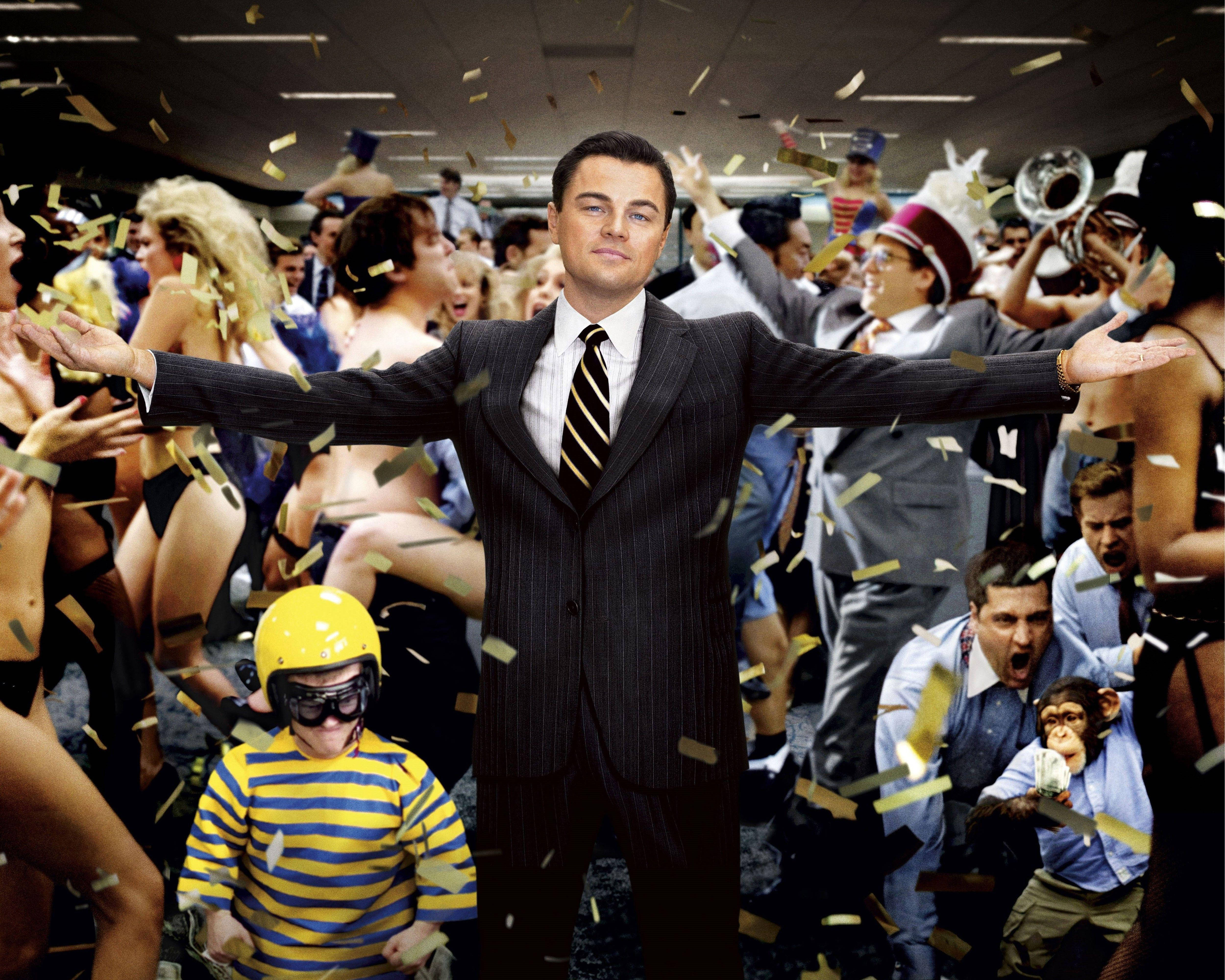Wolf Of Wall Street, pinstripe suit, gold confetti, 4K Desktop Wallpaper
