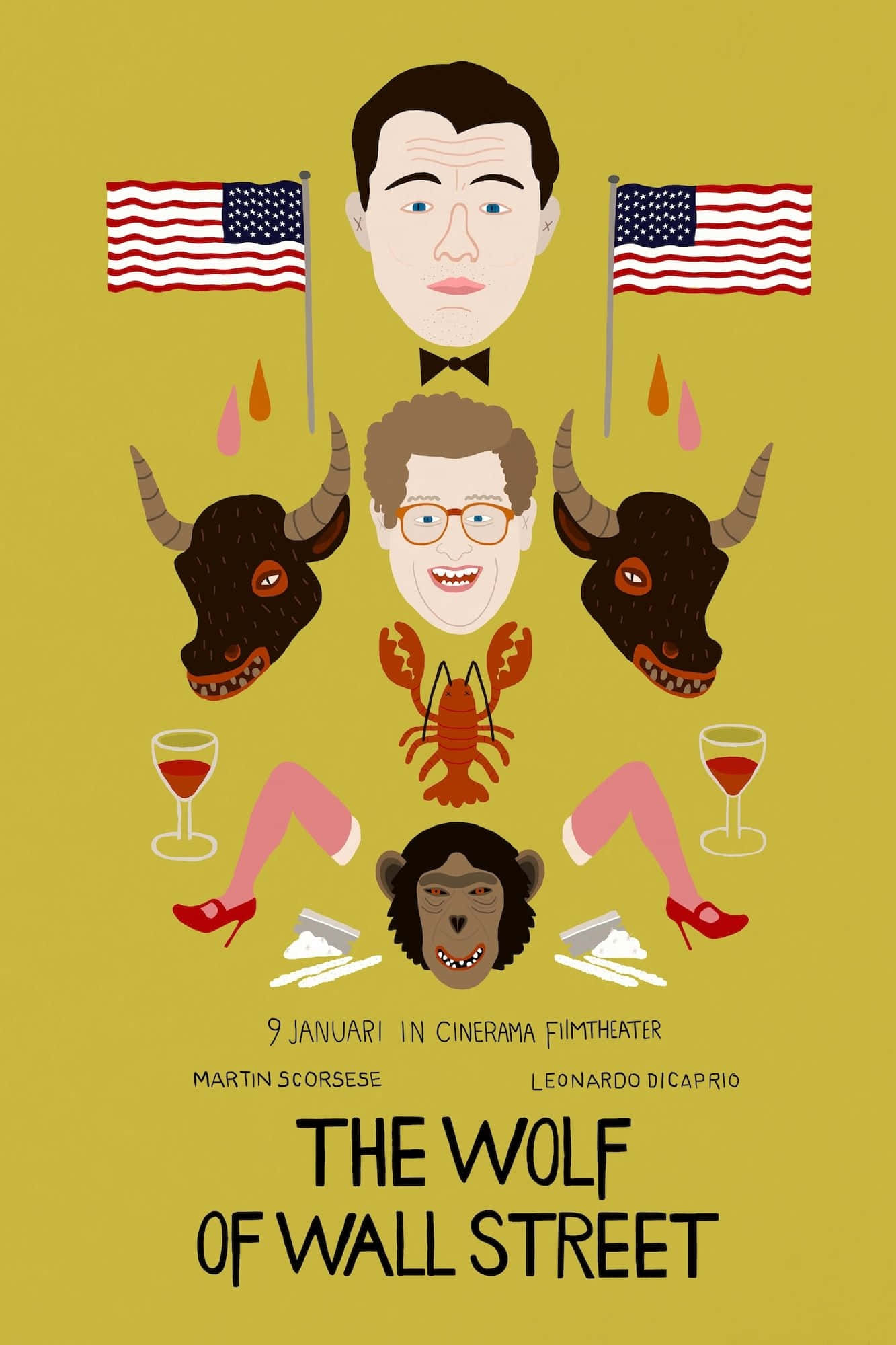 The Wolf of Wall Street, mustard yellow background, cartoon heads with bull horns, Full HD Phone Wallpaper