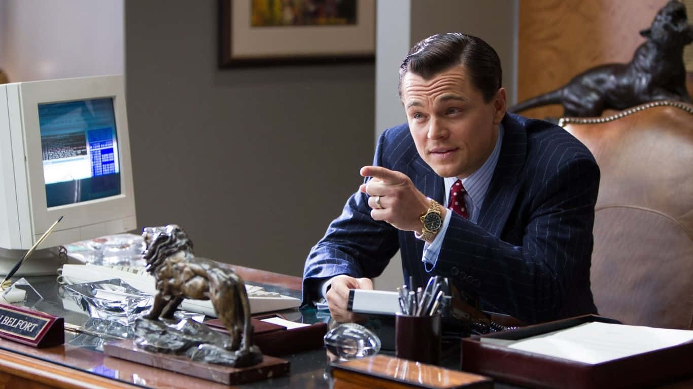 The Wolf Of Wall Street, pinstripe suit, cluttered wooden desk, HD Desktop Wallpaper