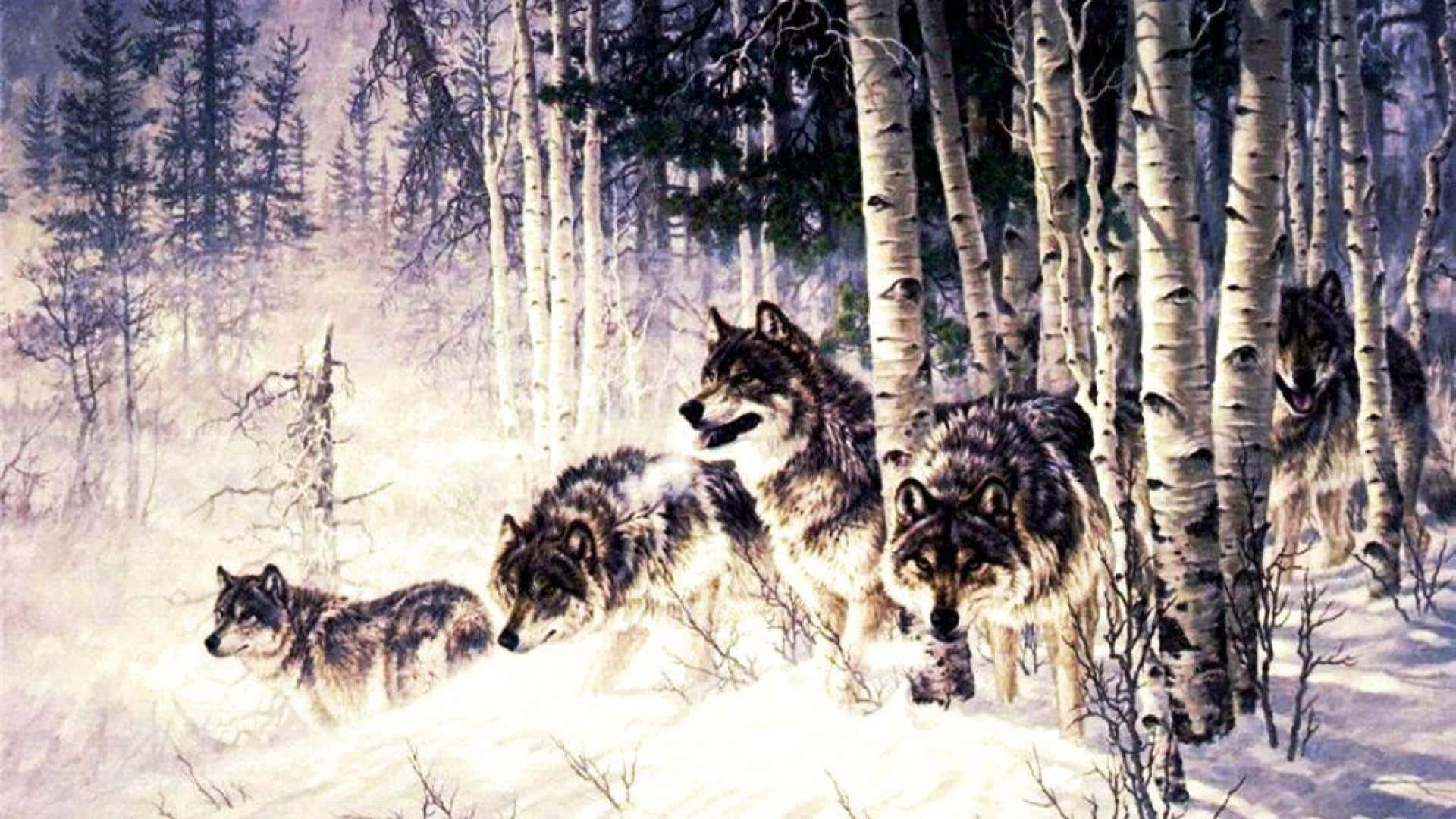 Wolf Pack, snowy birch forest, soft winter light, Full HD Desktop Wallpaper