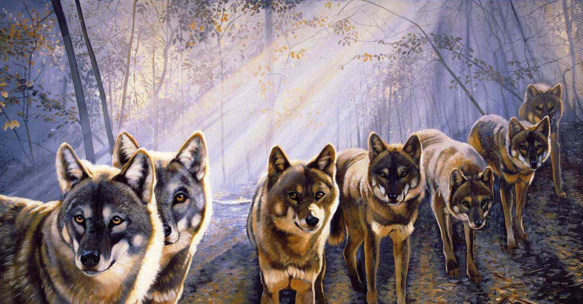 Wolf Pack, wolves, misty autumn forest, Full HD Desktop Wallpaper