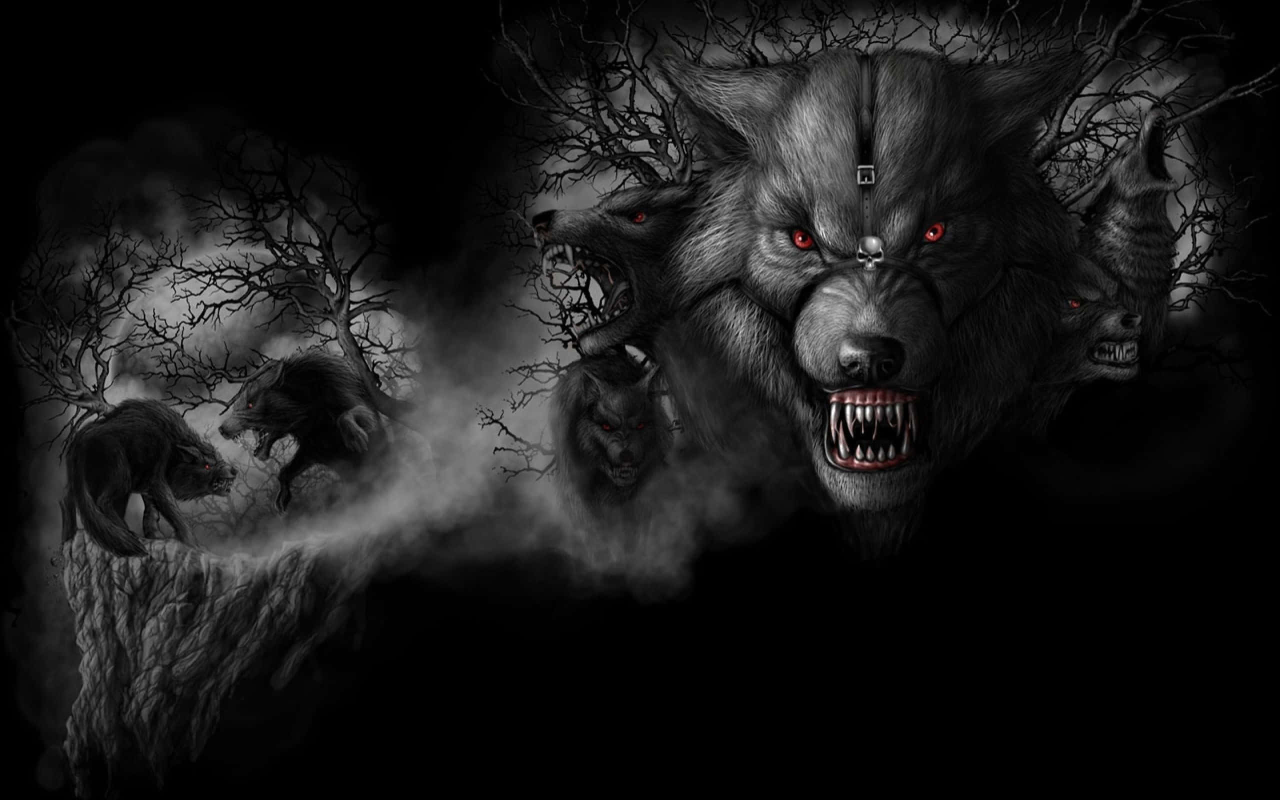 Wolf Pack, glowing red eyes, misty barren trees, 2K Desktop Wallpaper
