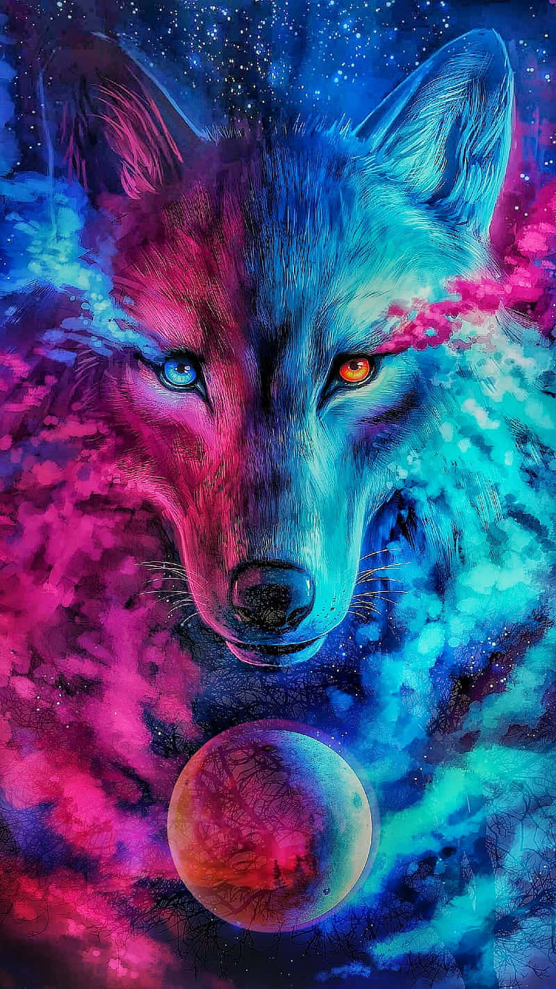 pink wolf, cosmic wolf, heterochromatic eyes, HD Phone Wallpaper