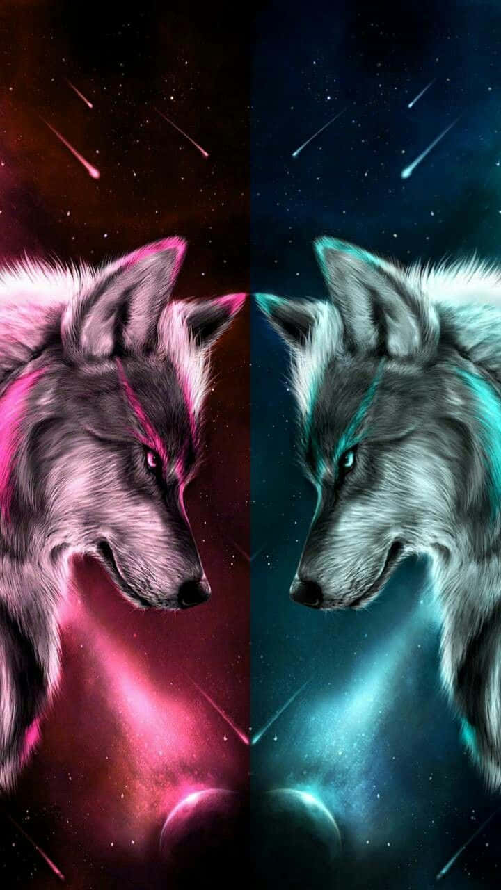water and fire wolf, pink and teal nebulae, shooting stars, HD Phone Wallpaper