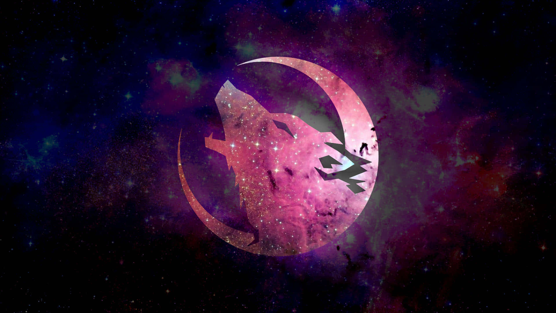 Pink Wolf, crescent moon, starry cosmic nebula, Full HD Desktop Wallpaper