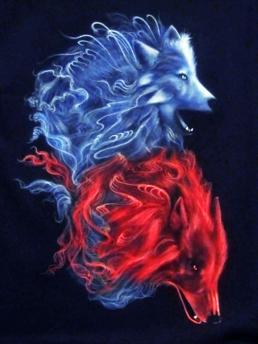 Red and Blue Wolf, mystical blue and red wolf head illustration, swirling smoke, HD Phone Wallpaper