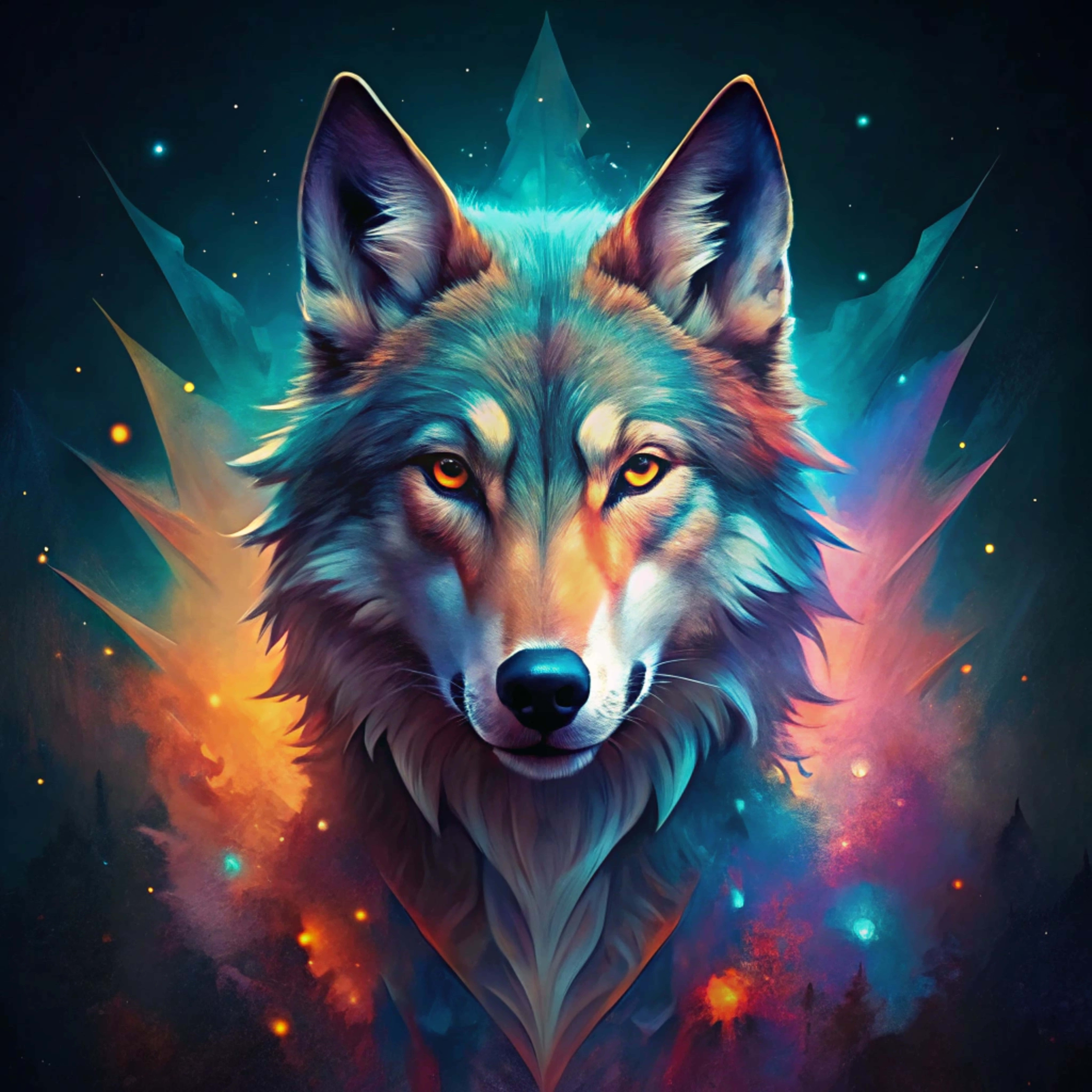 Wolf, glowing amber eyes, cosmic nebula, 8K Desktop Wallpaper