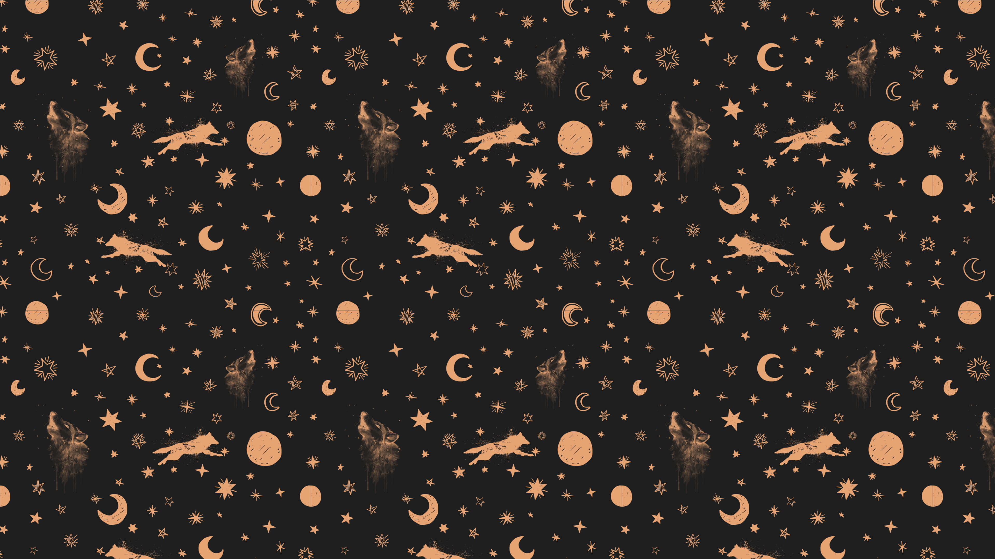 wolf pattern, golden wolves, crescent moons, 4K Desktop Wallpaper