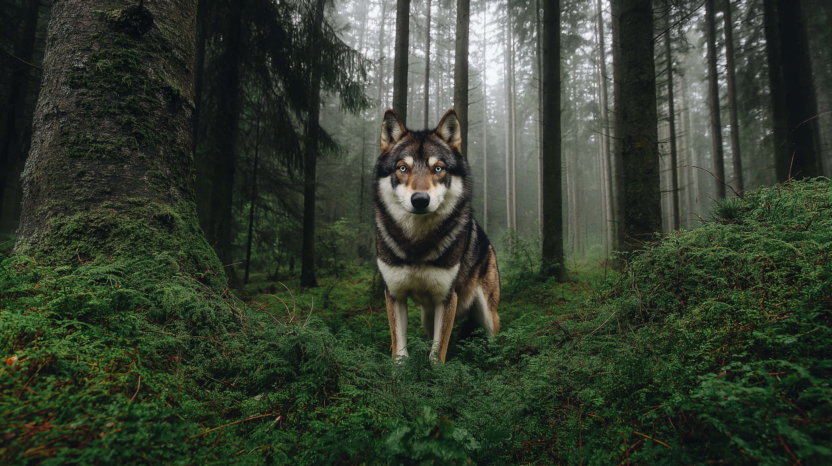 wolf, mystical forest, amber eyes, 2K Desktop Wallpaper