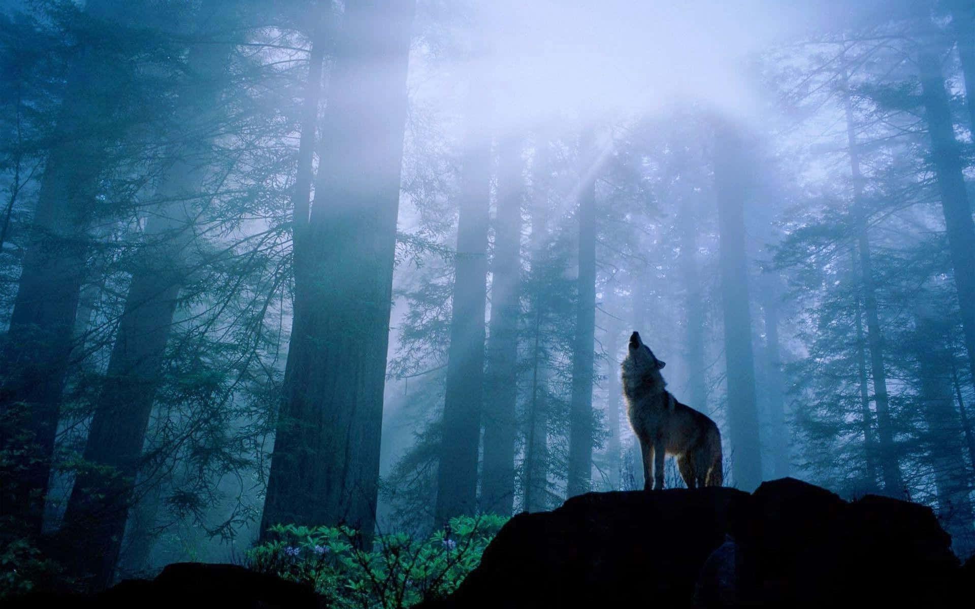 wolf, misty blue forest, rocky outcrop, Full HD Desktop Wallpaper