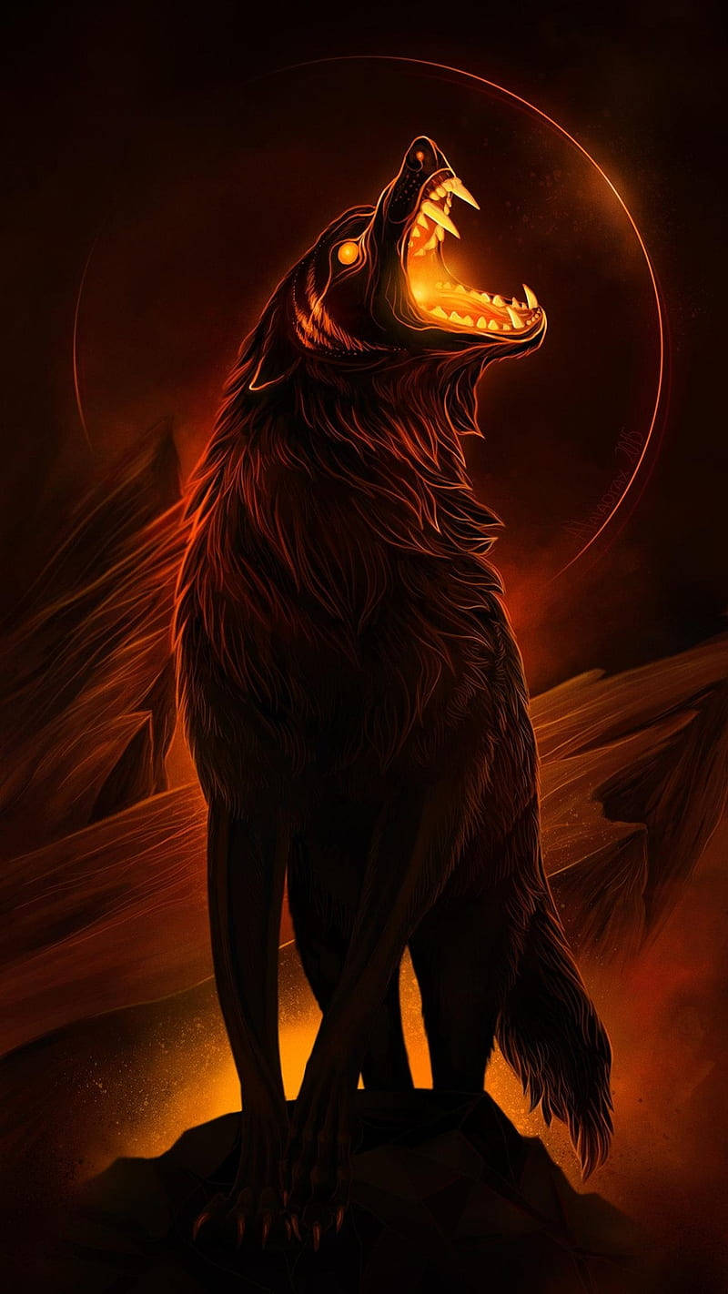 howling black wolf, glowing crescent moon, fiery orange, HD Phone Wallpaper