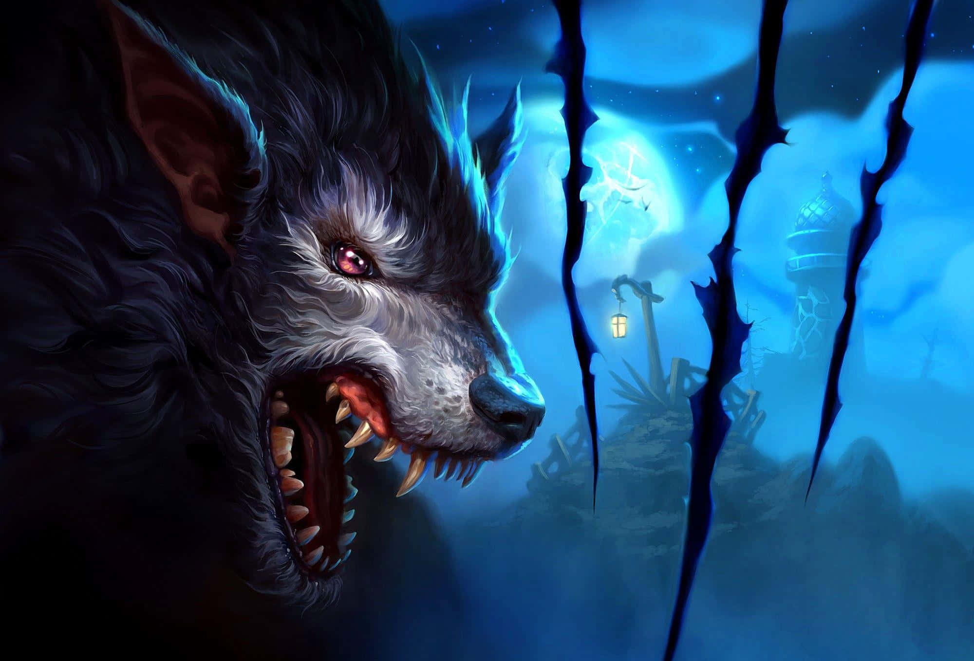 3D wolf, glowing red eyes, jagged black branches, Full HD Desktop Wallpaper