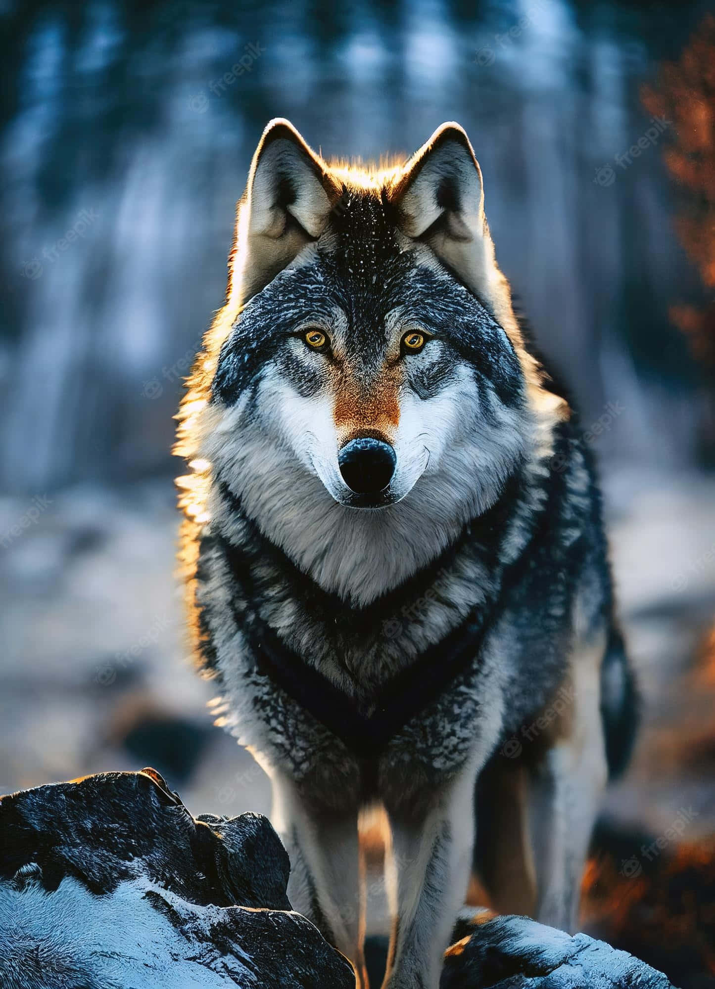wolf, piercing yellow eyes, snowy rocks, Full HD Phone Wallpaper