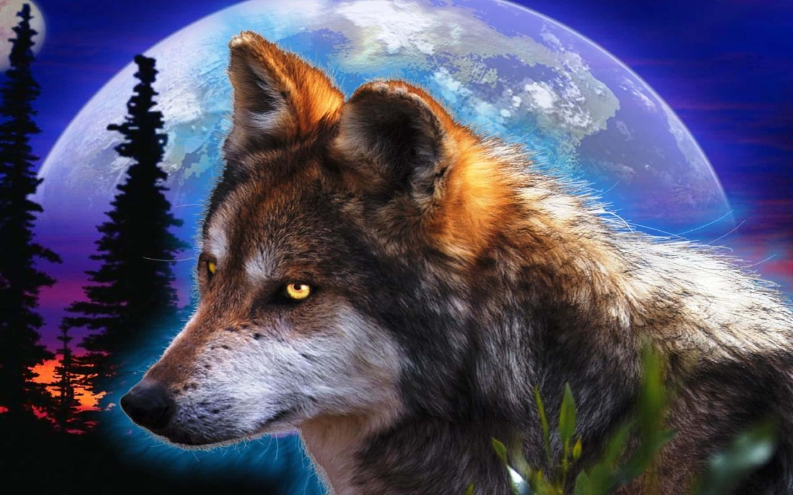 3D wolf, glowing eyes, giant moon, 2K Desktop Wallpaper