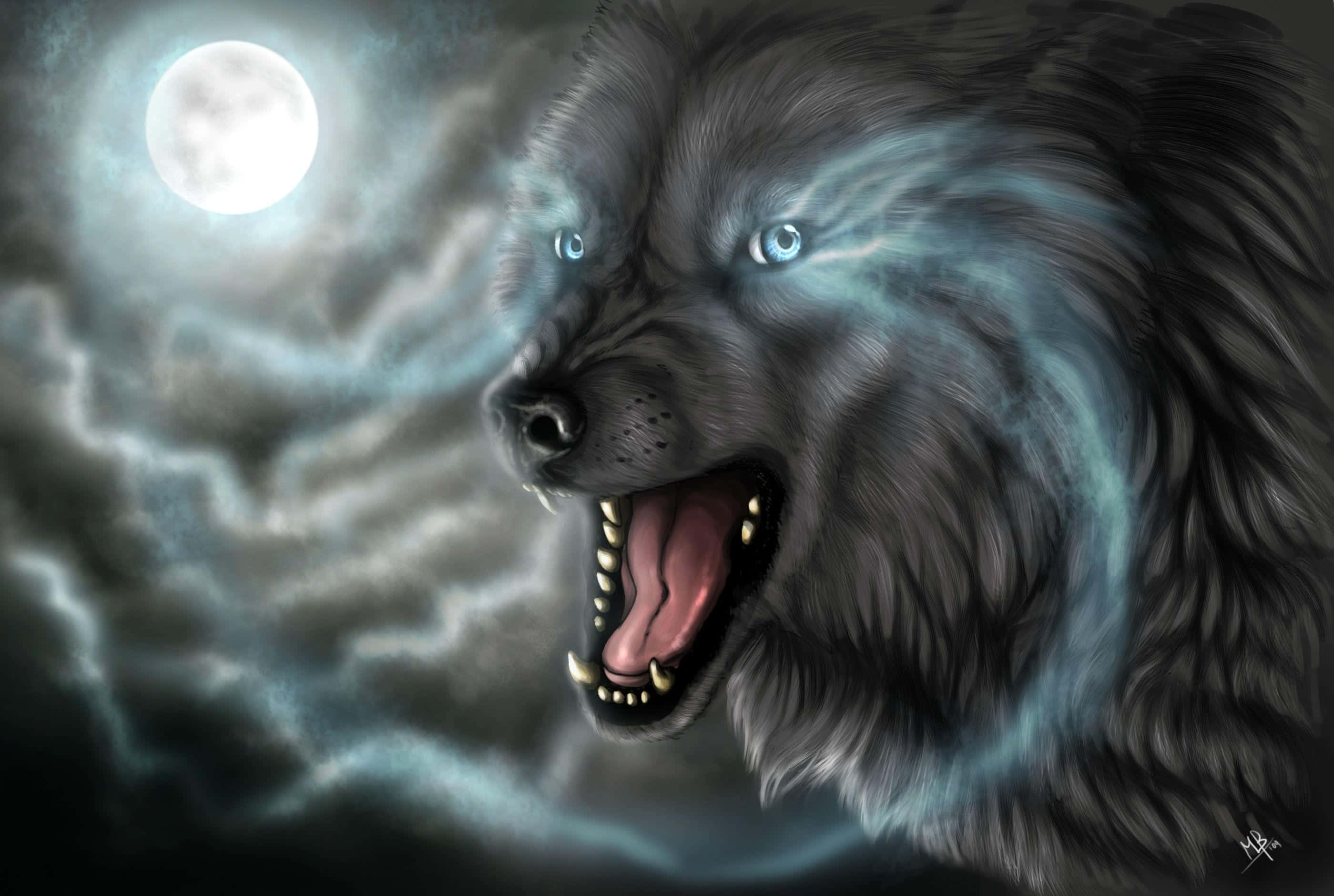 angry wolf, gray wolf, glowing blue eyes, 2K Desktop Wallpaper