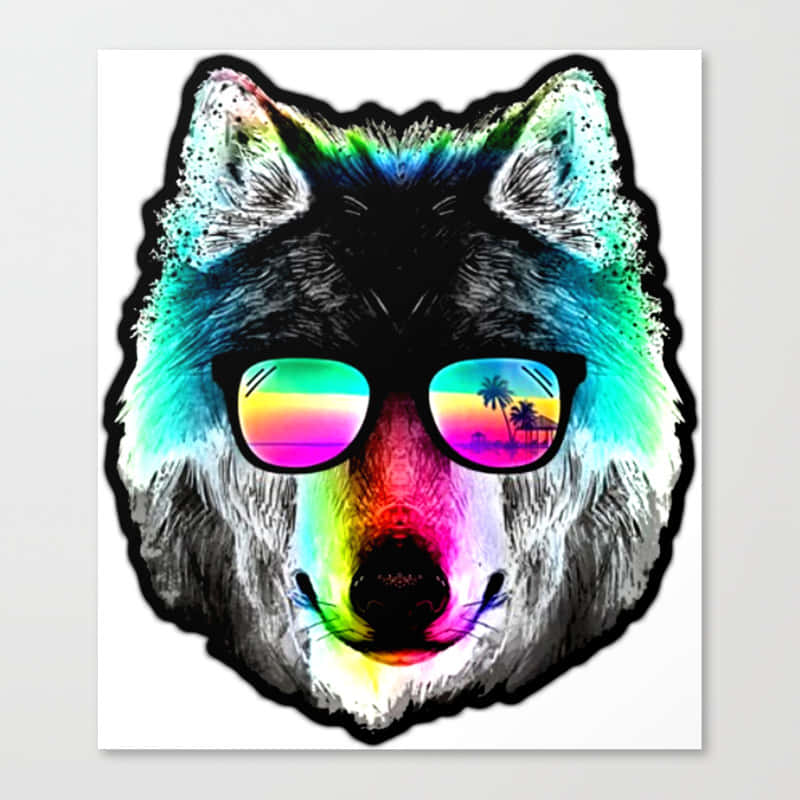 rainbow wolf, rainbow-tinted sunglasses, tropical sunset, SD Desktop Wallpaper
