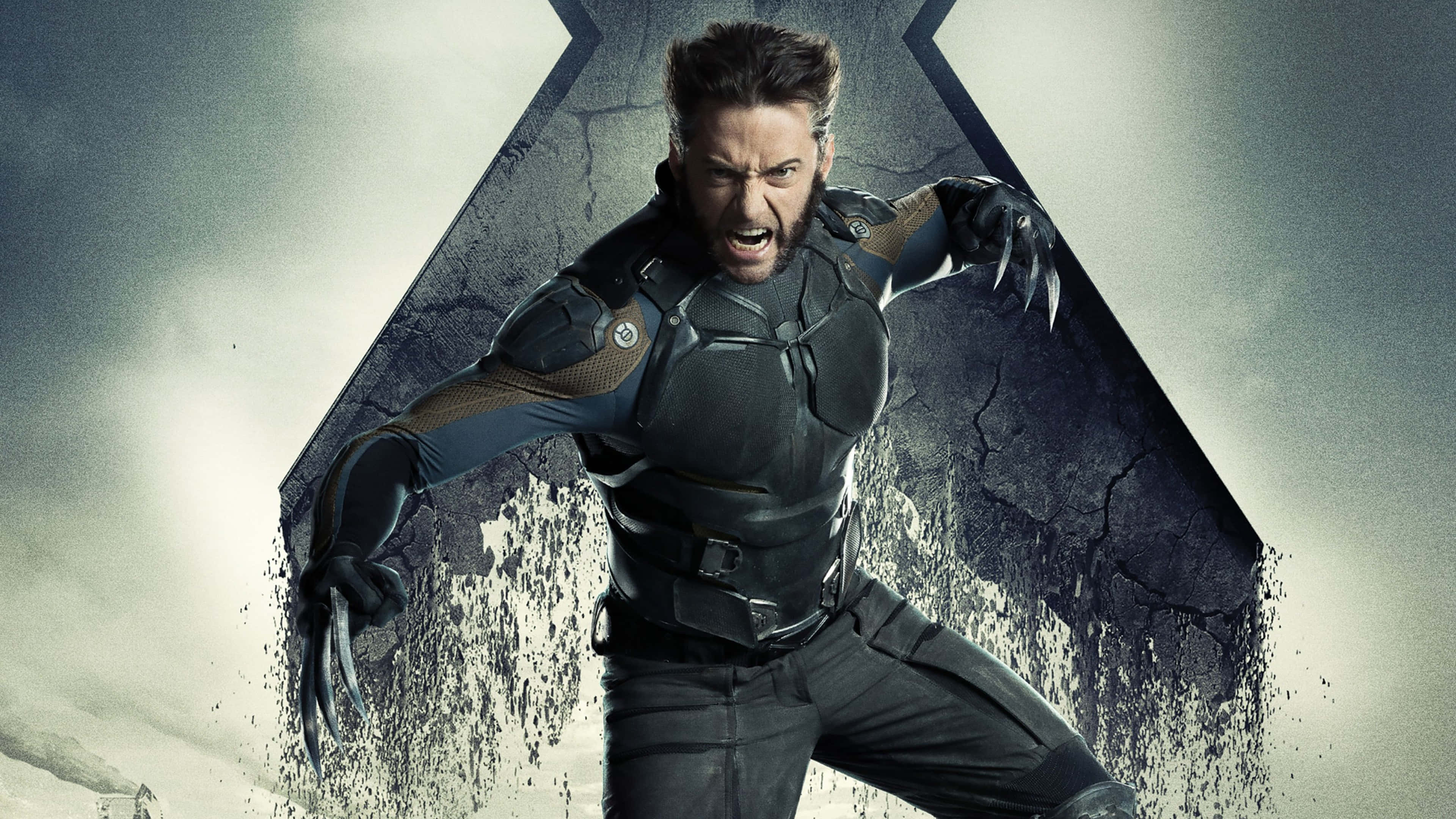 Wolverine, claws extended, cracked X-shaped wall, 4K Desktop Wallpaper