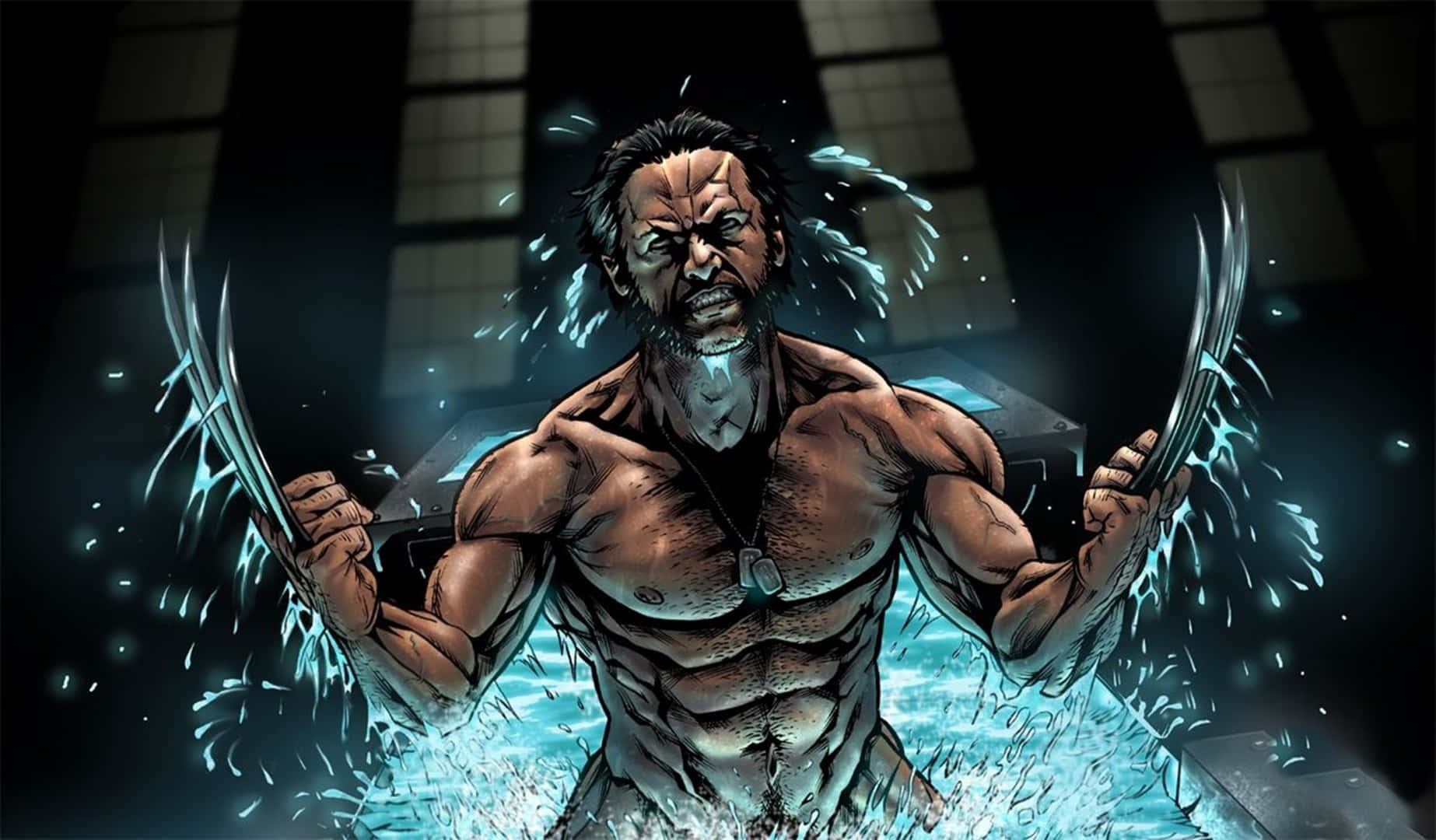 Wolverine, claws, glowing blue water, HD Desktop Wallpaper