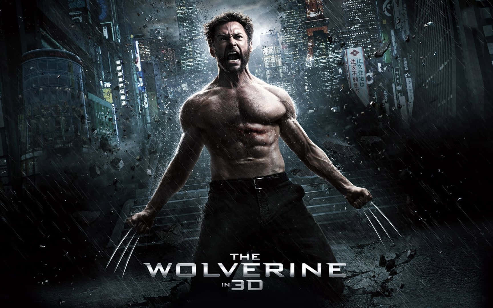 Wolverine, claws, rain-soaked futuristic cityscape, HD Desktop Wallpaper