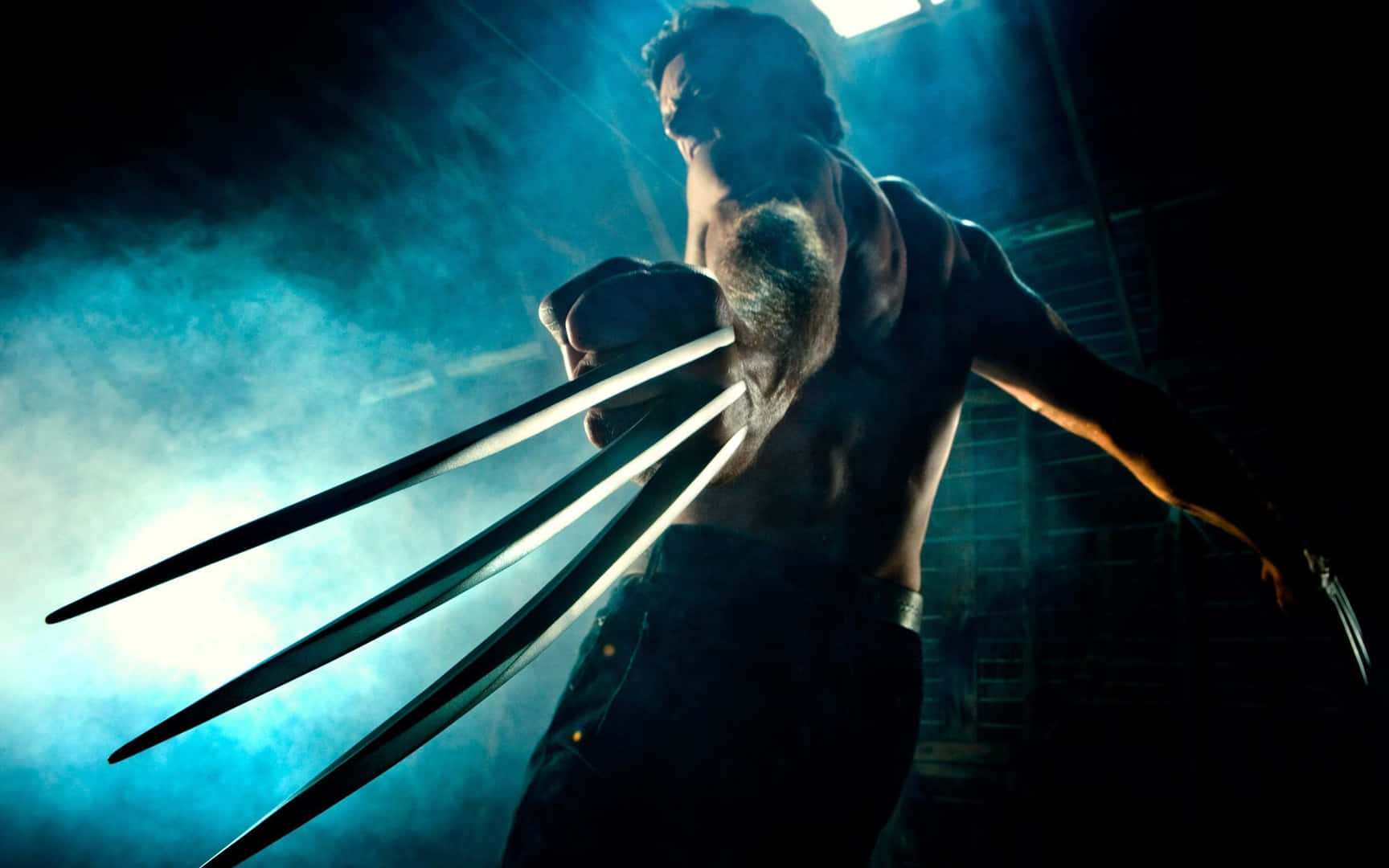 Wolverine, claws, smoky blue-lit industrial setting, HD Desktop Wallpaper