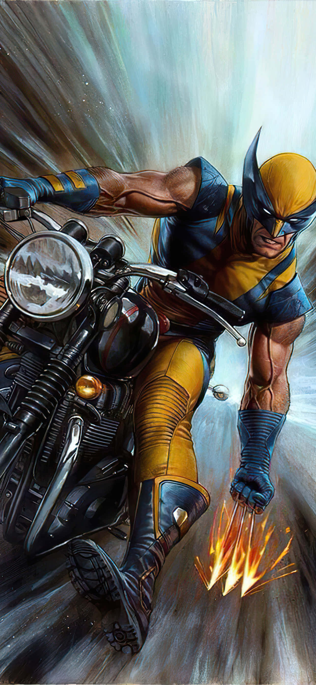 Wolverine, motorcycle, claws extended, 2K Phone Wallpaper