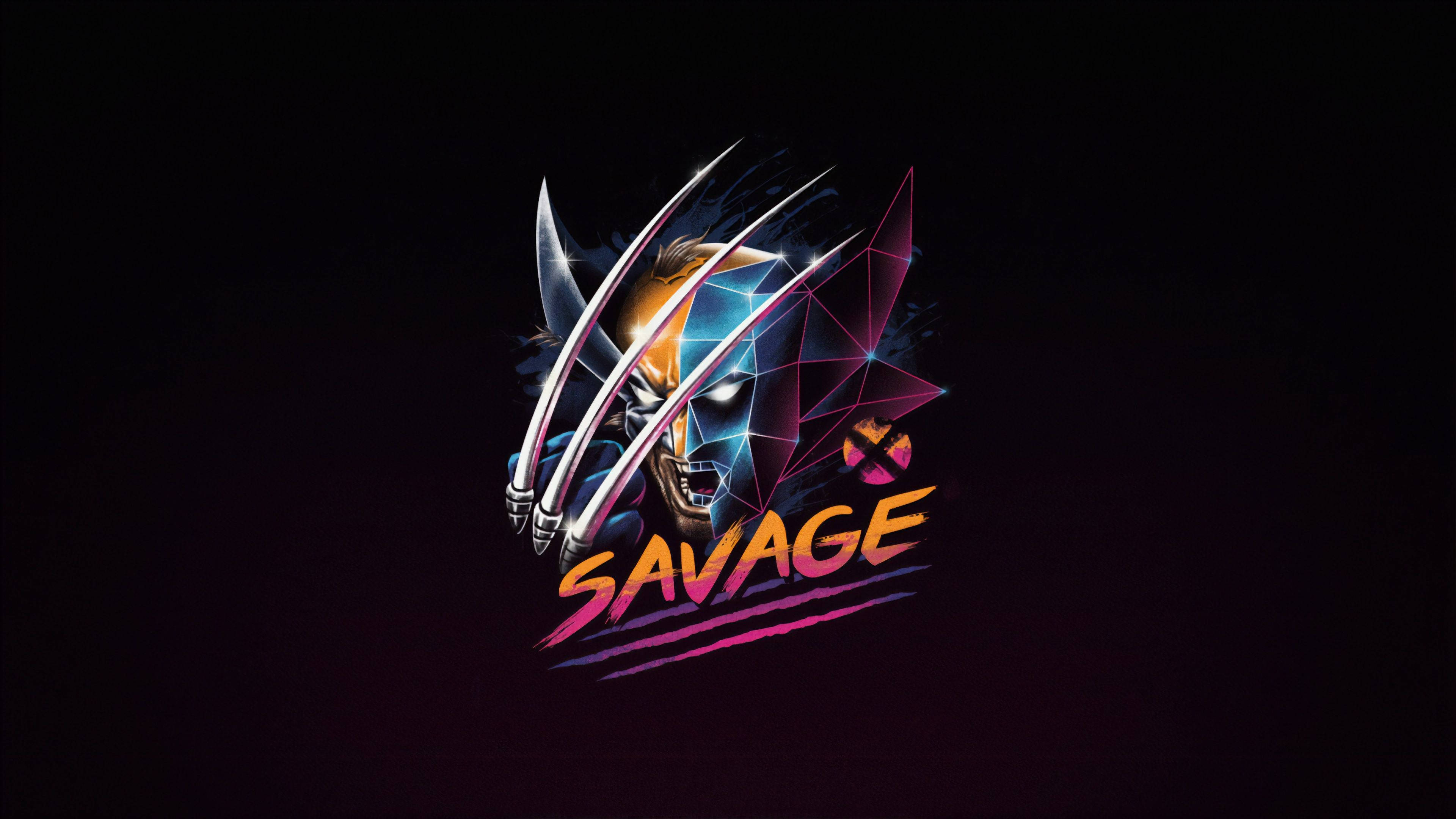Wolverine, glowing claws, neon 'SAVAGE' text, 4K Desktop Wallpaper