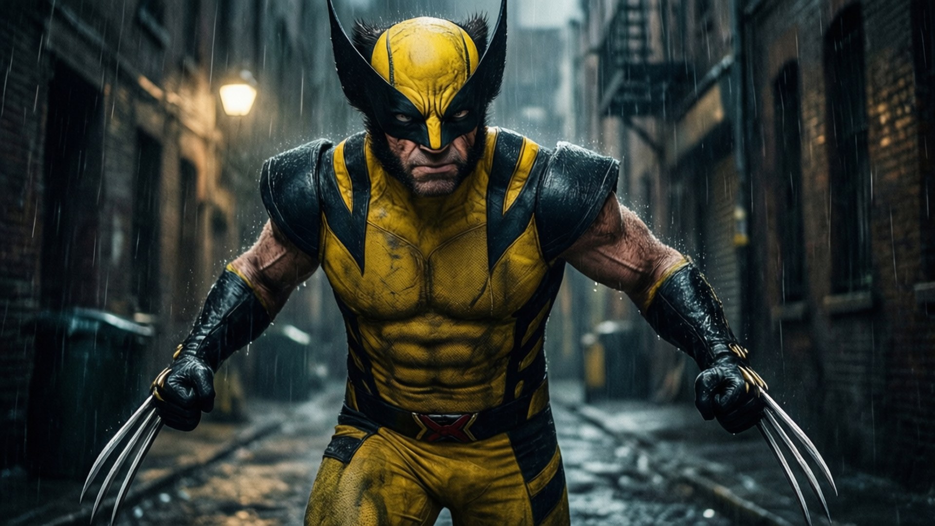 Wolverine, rain soaked alleyway, flickering streetlamp, Full HD Desktop Wallpaper