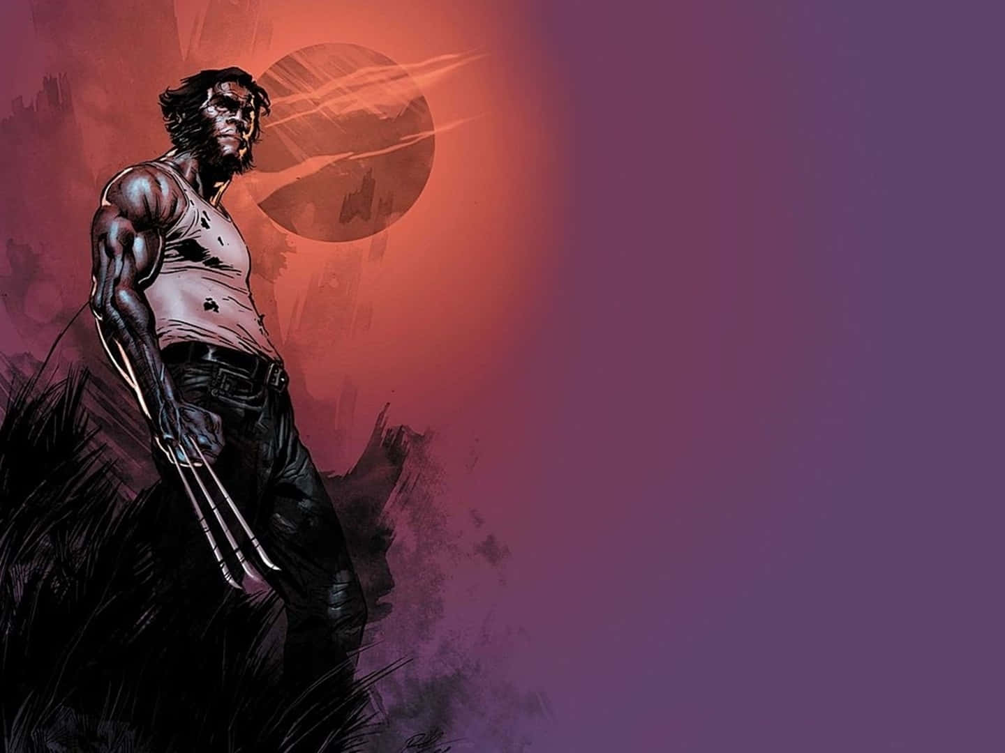 Wolverine, fiery orange and purple sunset, claws extended, HD Desktop Wallpaper
