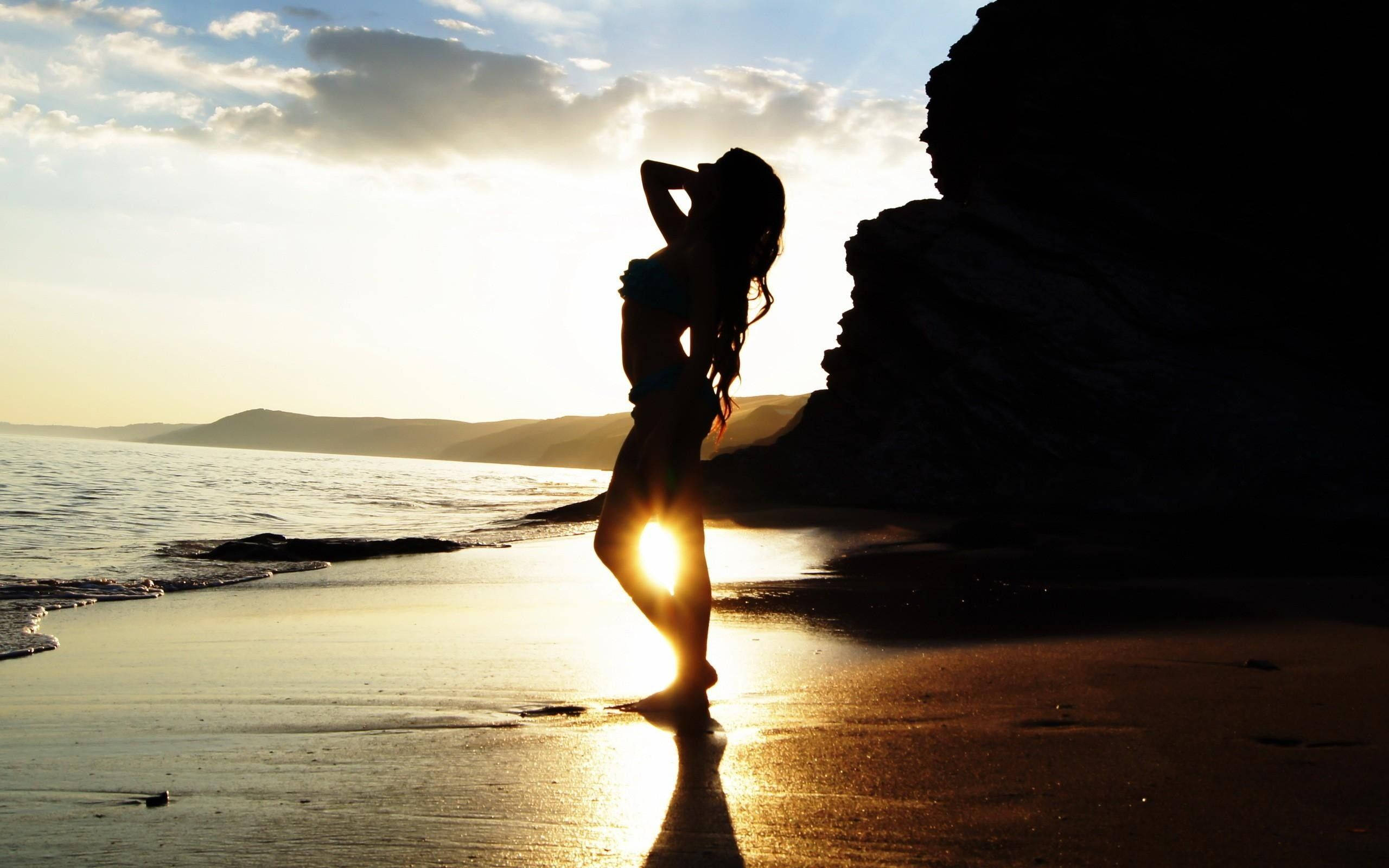silhouette, woman, beach, 2K Desktop Wallpaper