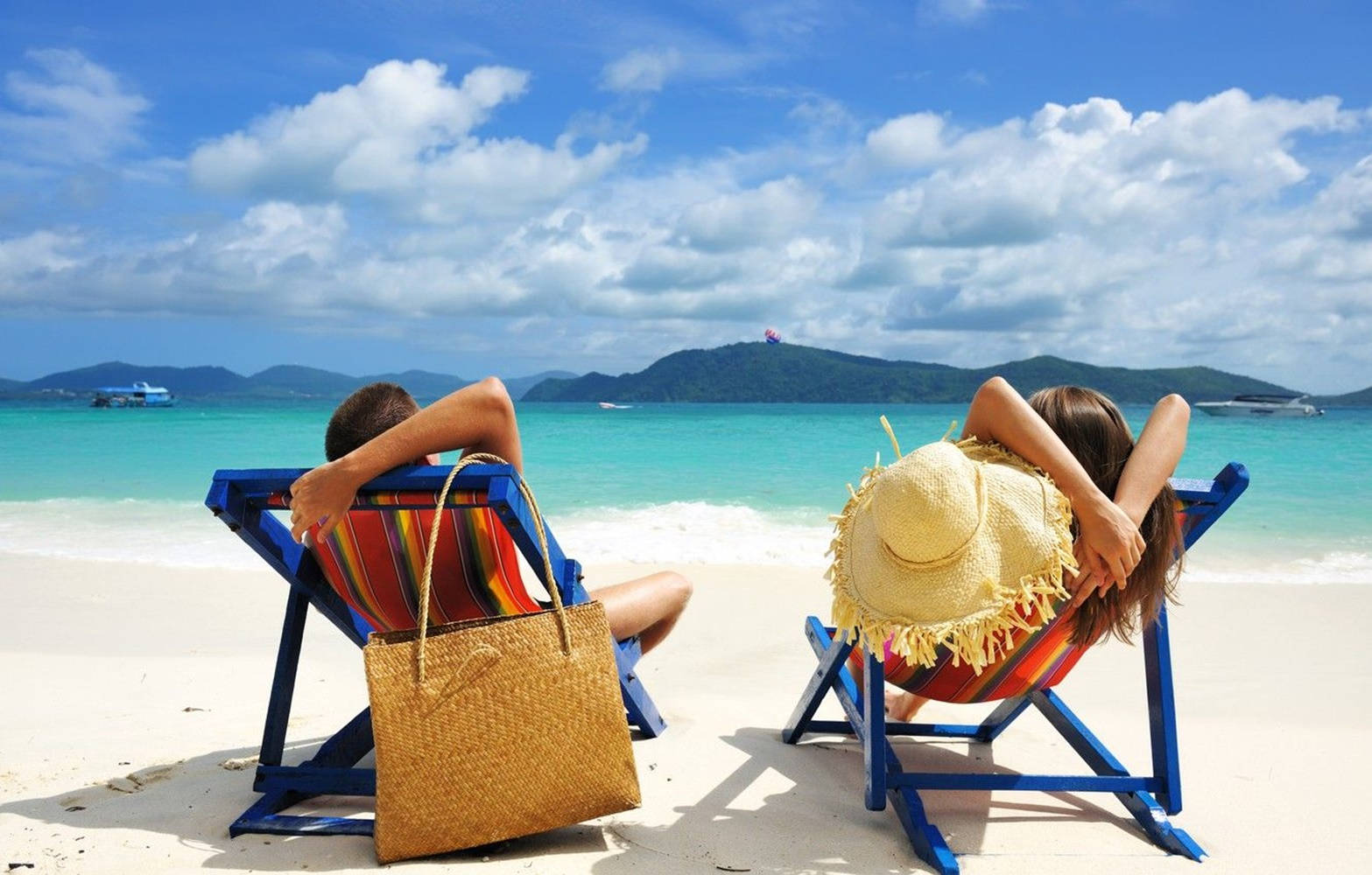 woman beach, colorful beach chairs, white sand shore, HD Desktop Wallpaper