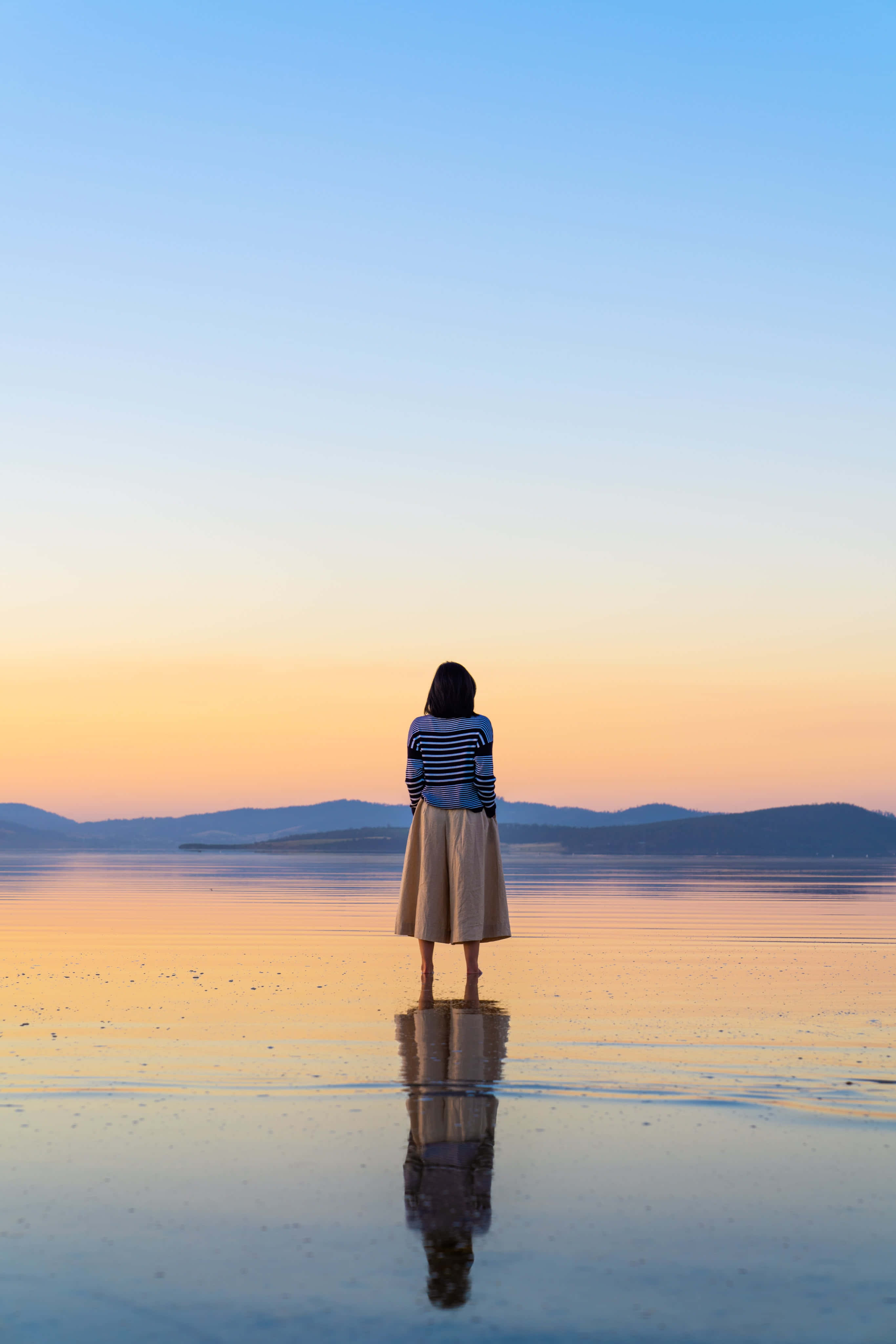 woman, barefoot, reflective wet beach, 4K Phone Wallpaper