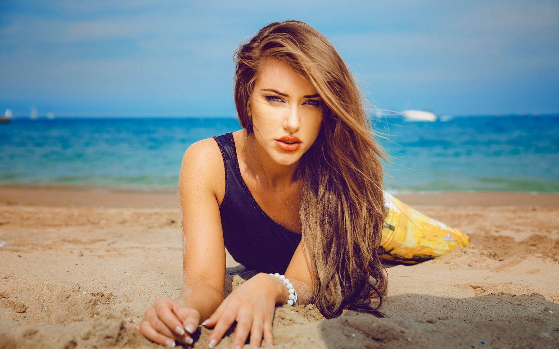 beach, woman, long brown hair, Full HD Desktop Wallpaper