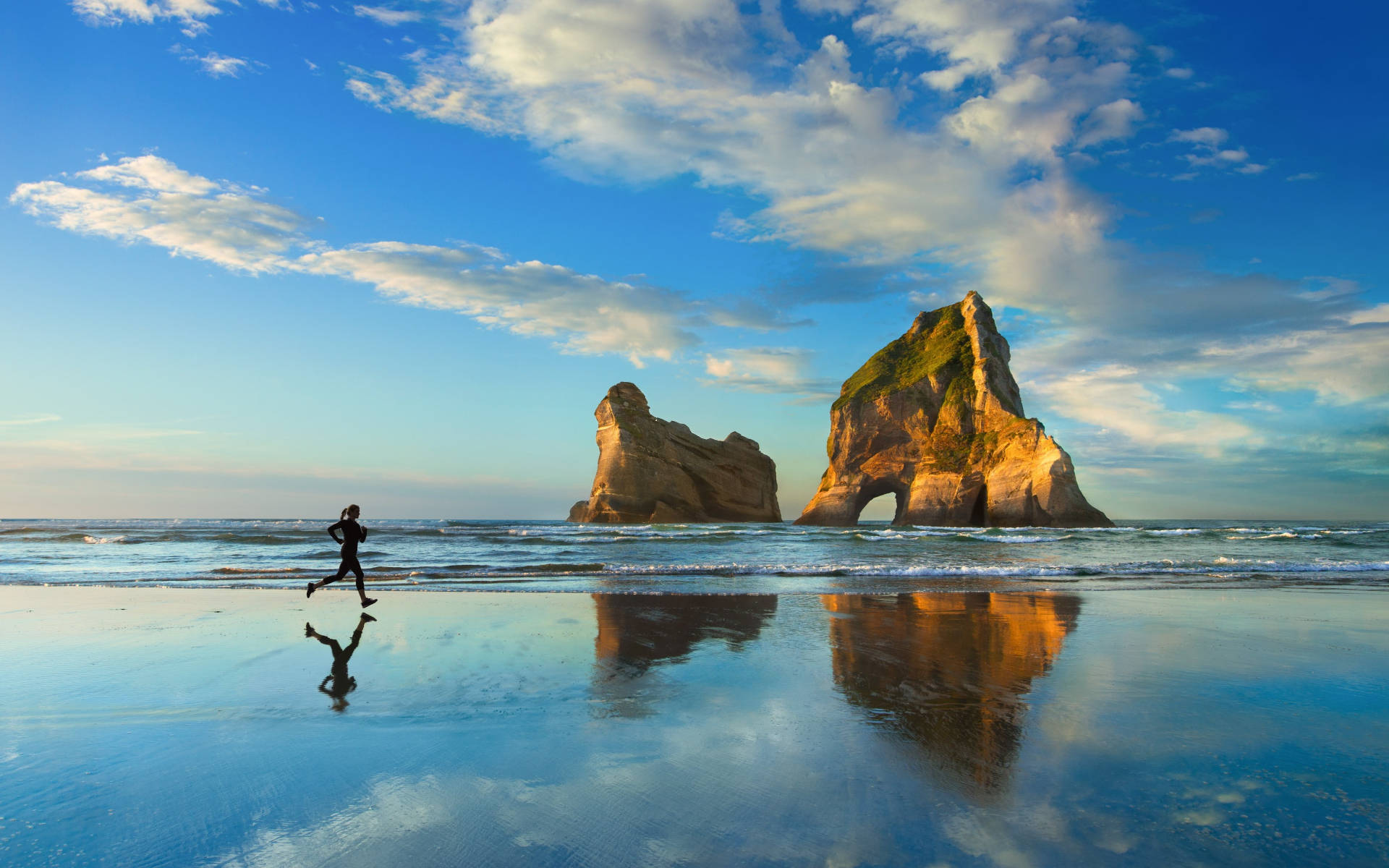 woman, beach shore, sea stacks, Full HD Desktop Wallpaper