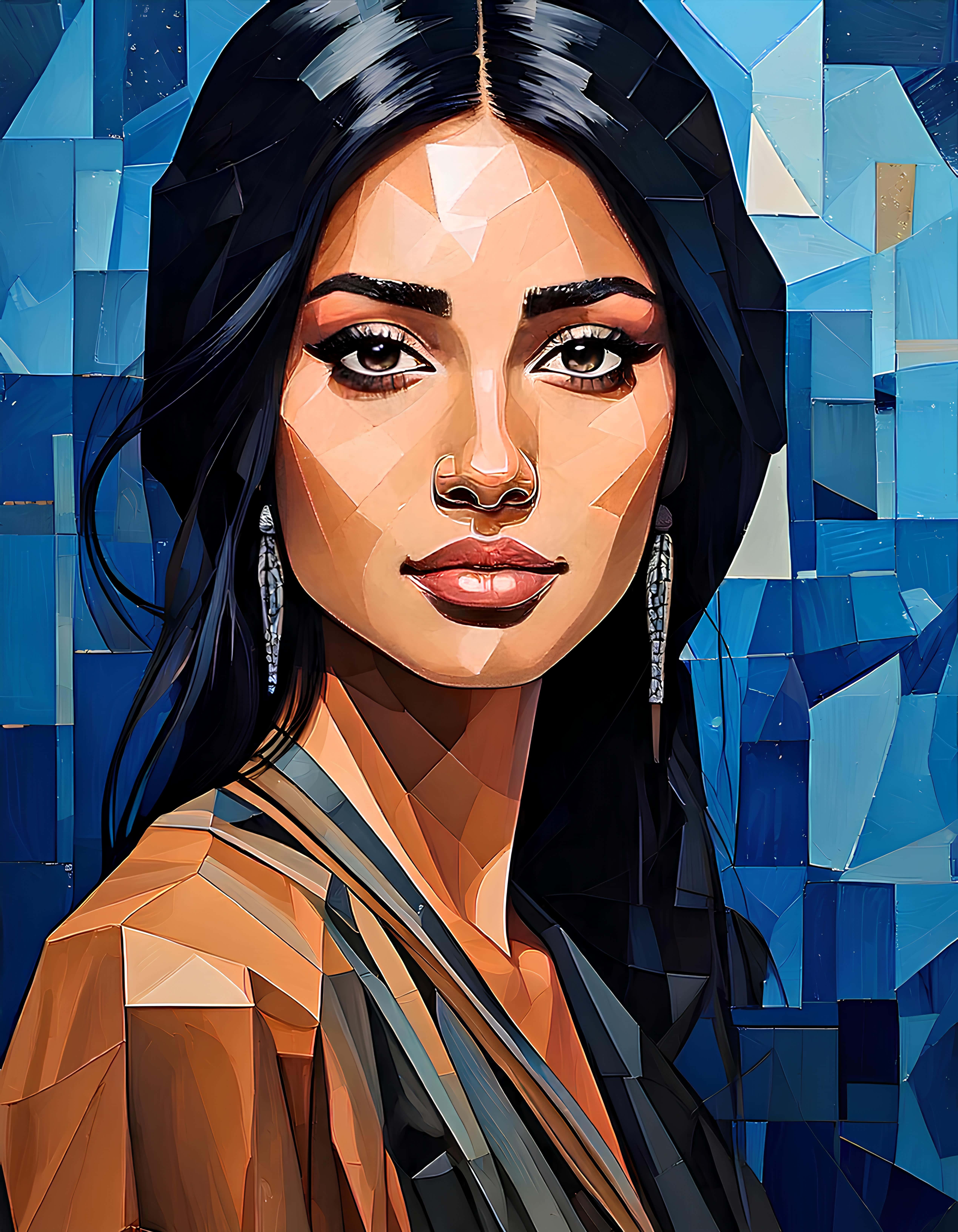 dark hair, geometric shading, blue mosaic background, 5K Phone Wallpaper