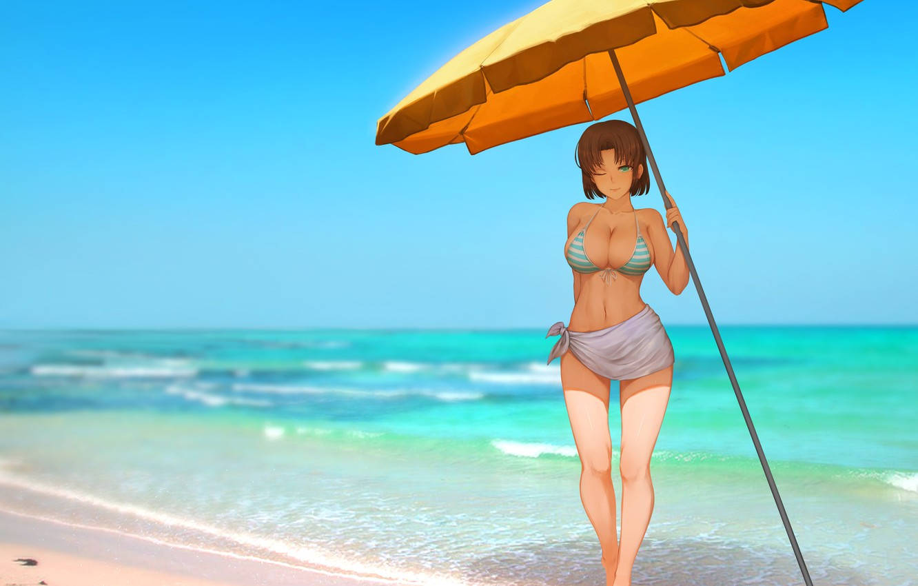 anime woman bikini, white, striped bikini, HD Desktop Wallpaper