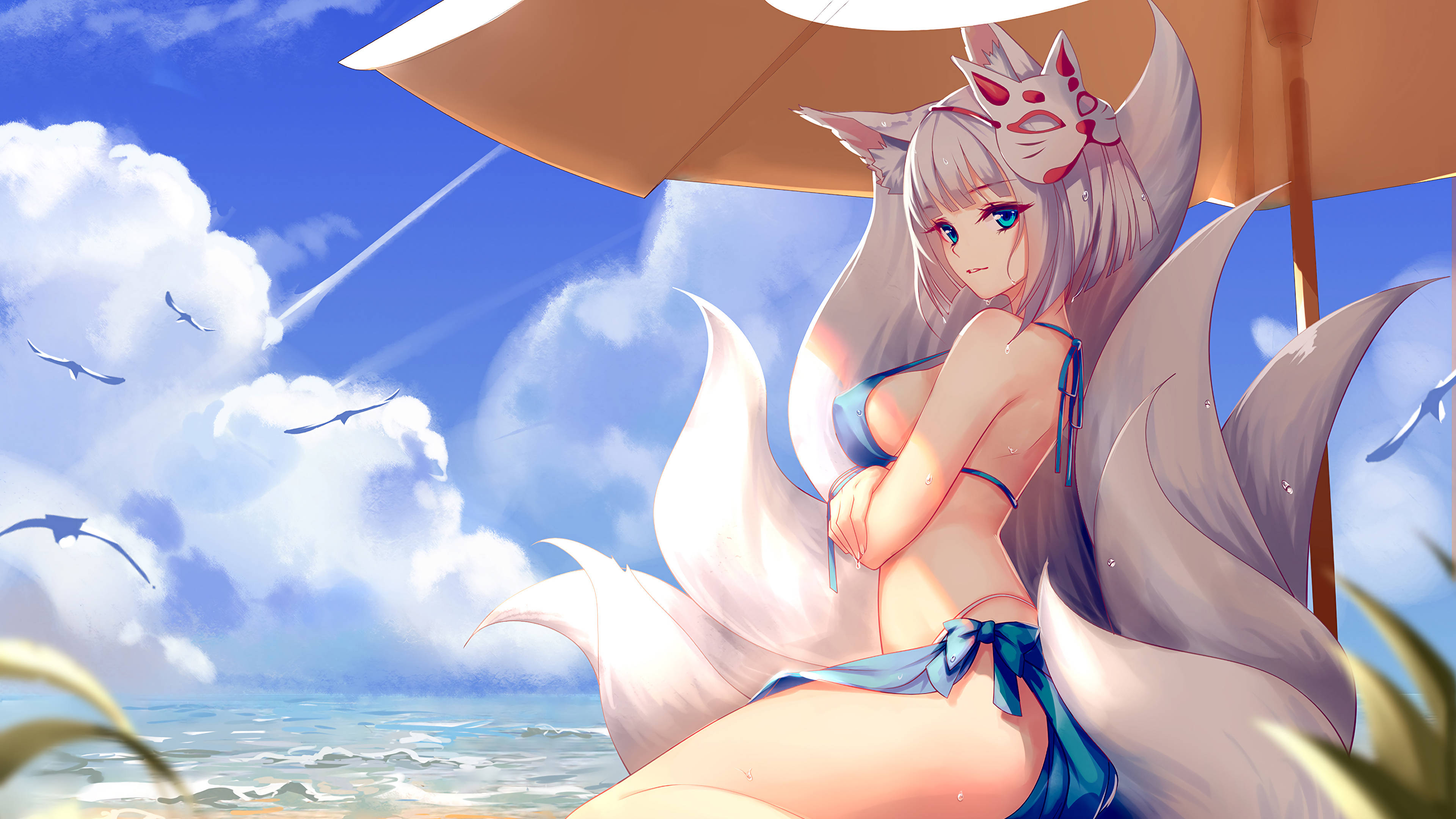 kitsune, nine-tailed fox girl, blue bikini, 4K Desktop Wallpaper
