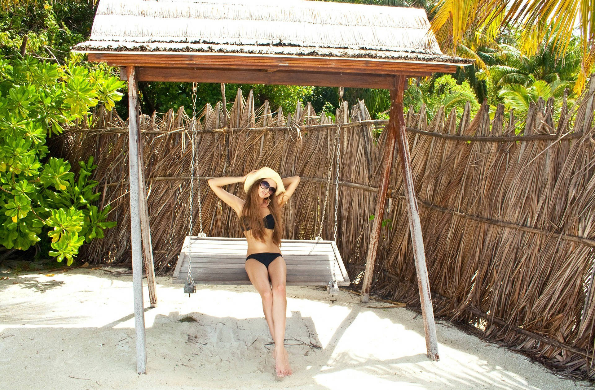 black bikini, straw hat, wooden swing, Full HD Desktop Wallpaper