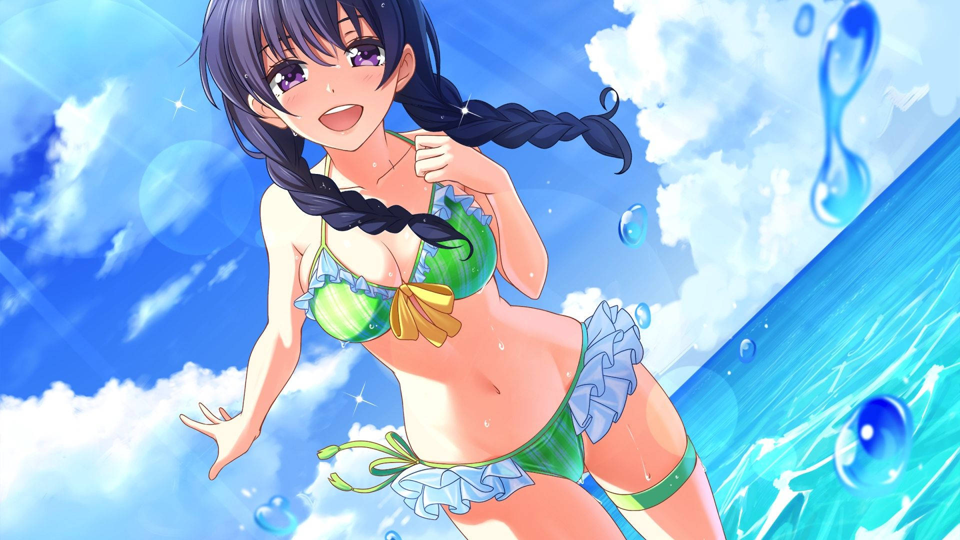 anime girl, green bikini, bright blue sky, Full HD Desktop Wallpaper