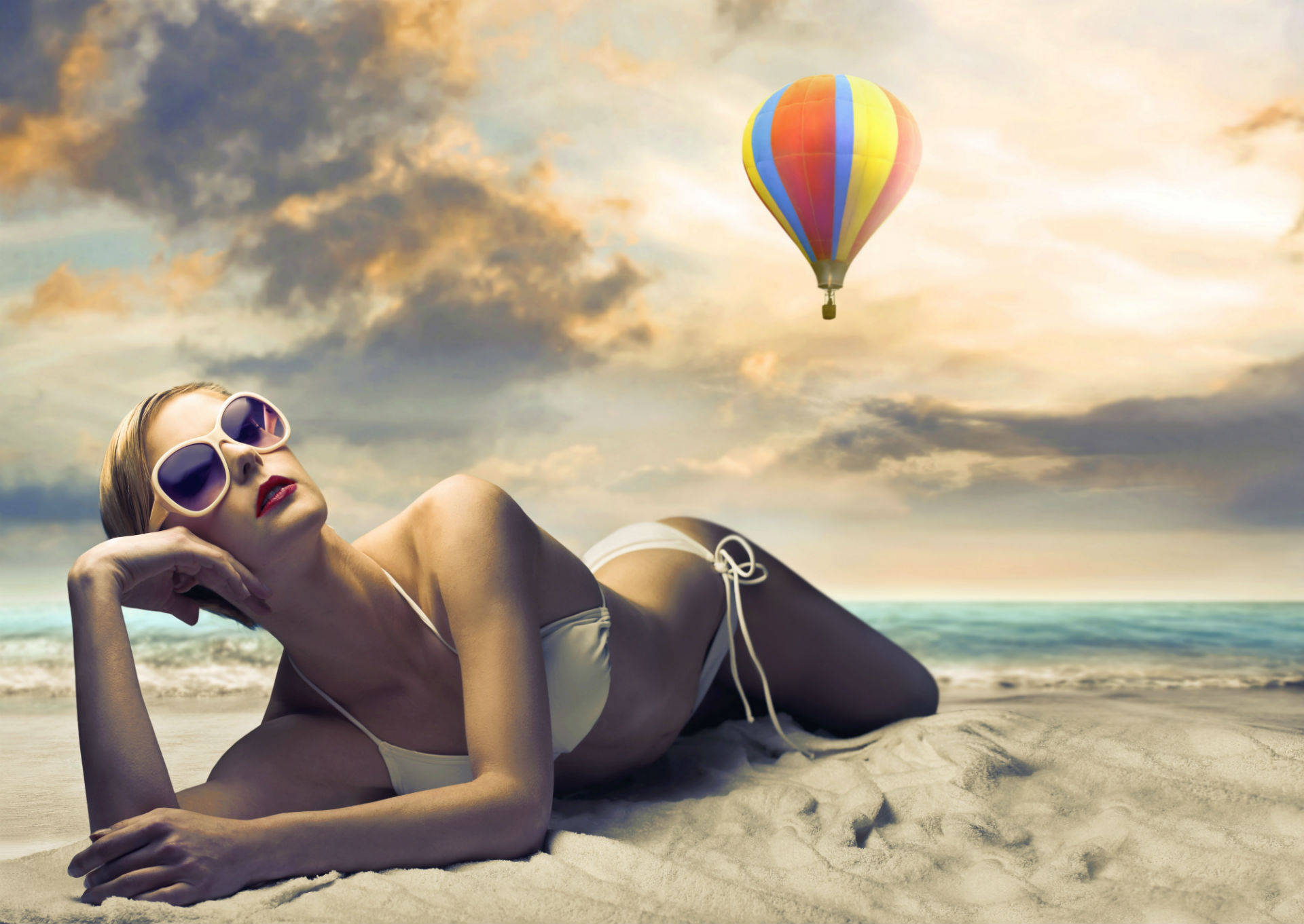 white bikini, sunglasses, sandy beach, Full HD Desktop Wallpaper