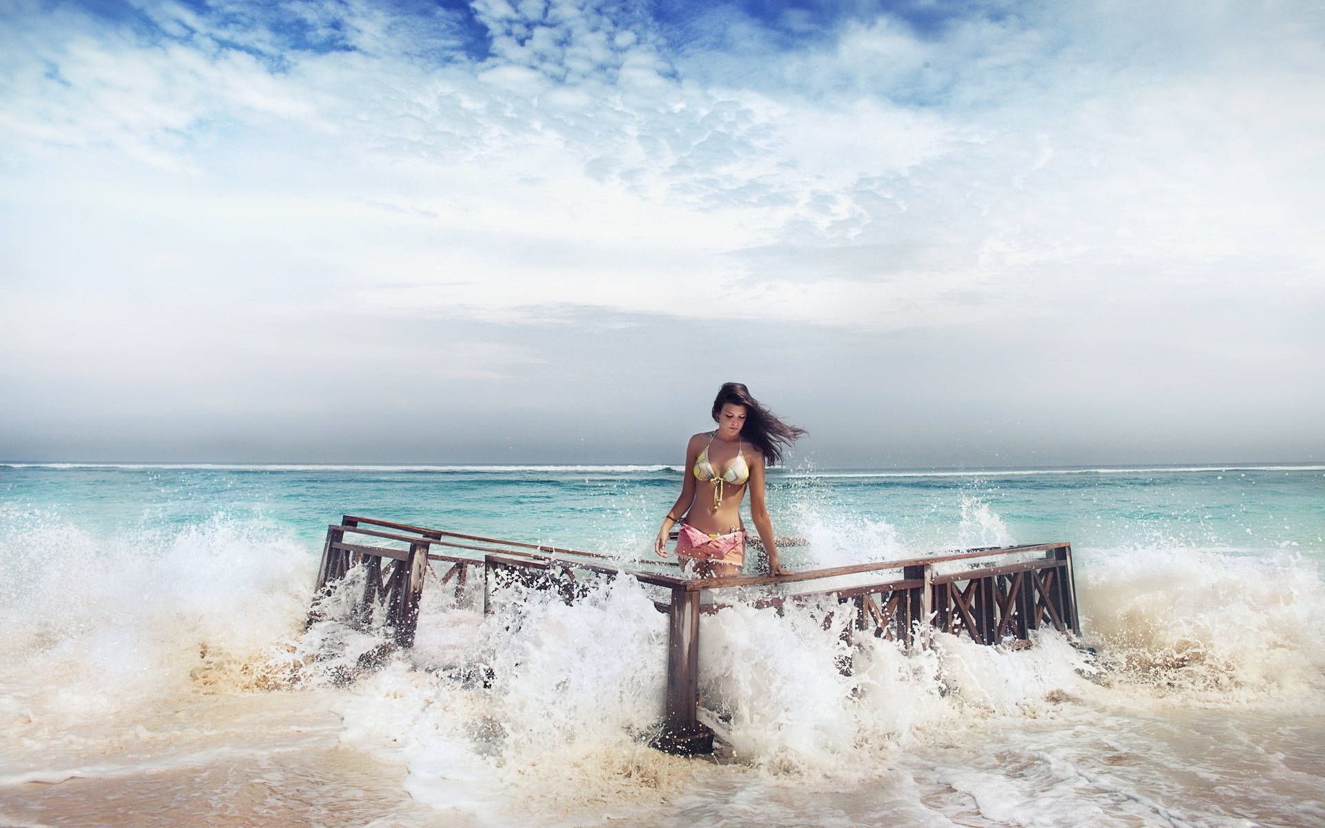 bikini, woman, wooden pier, Full HD Desktop Wallpaper