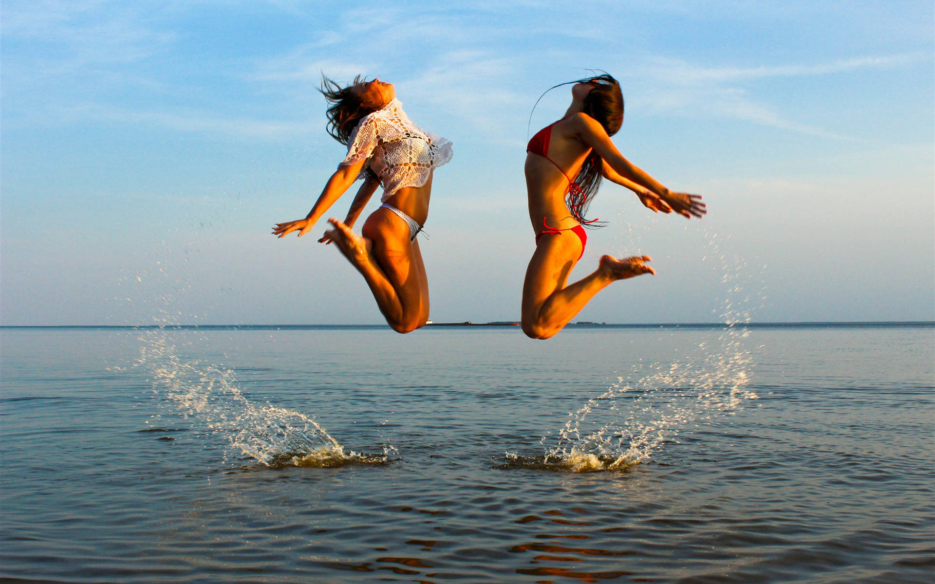 bikini girl, jumping on sea, ocean waters, Full HD Desktop Wallpaper